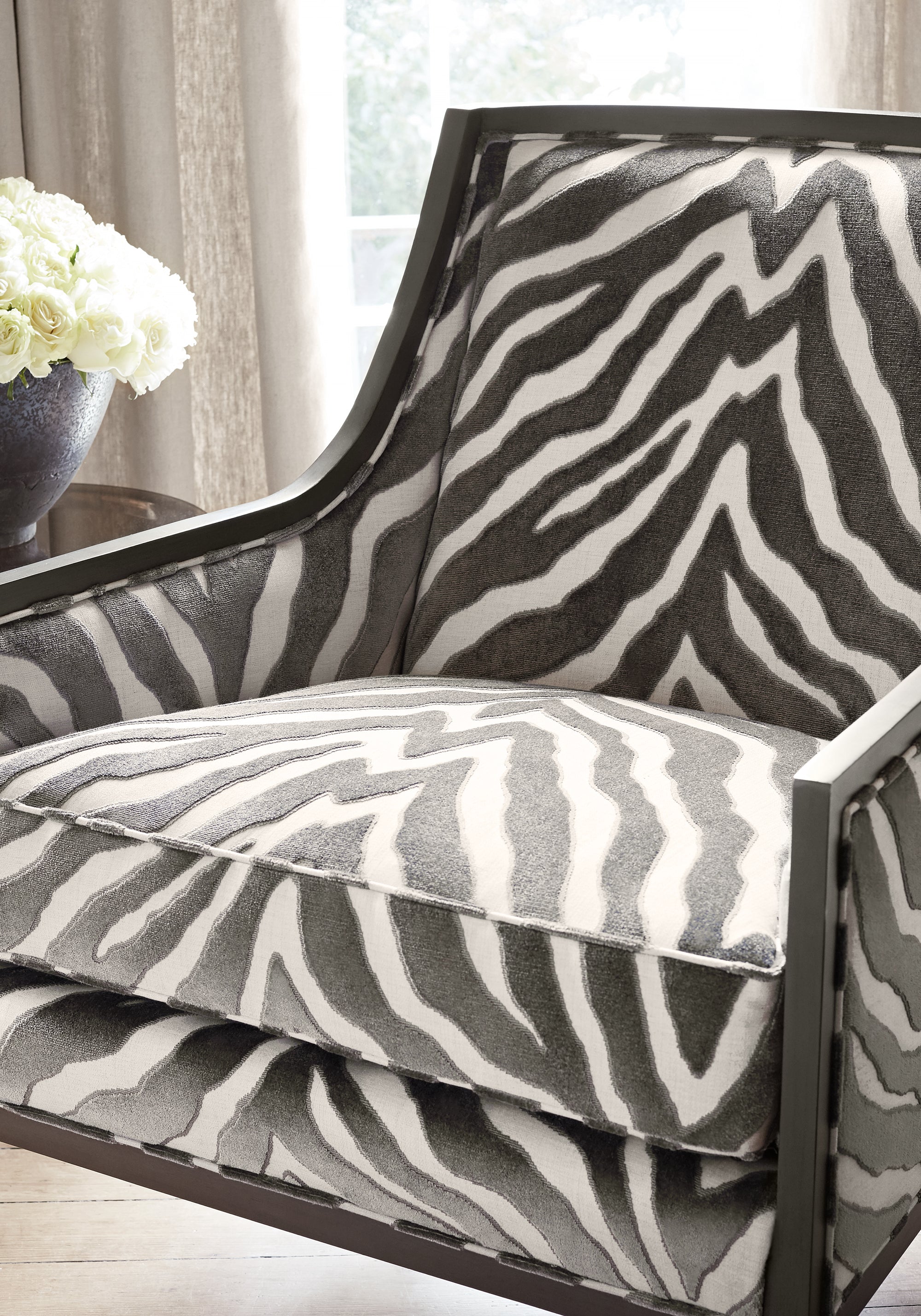 Detailed view of Pasadena Chair in Etosha Velvet woven fabric in graphite color - pattern number W80404 by Thibaut in the Woven Resource Vol 10 Menagerie collection