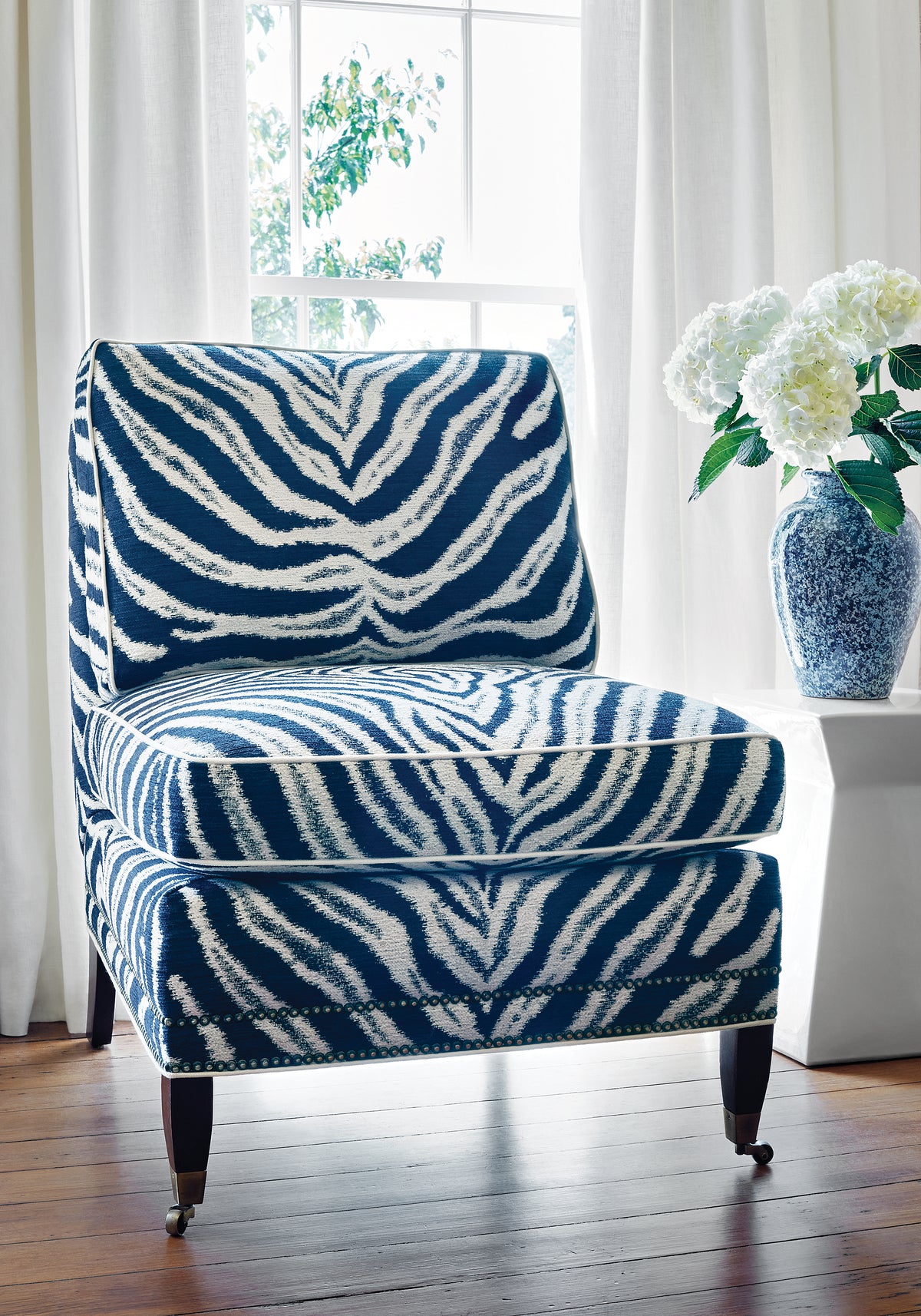Mayfair Chair in Zamira woven fabric in navy color - pattern number W80439 - by Thibaut in the Woven Resource Vol 10 Menagerie collection