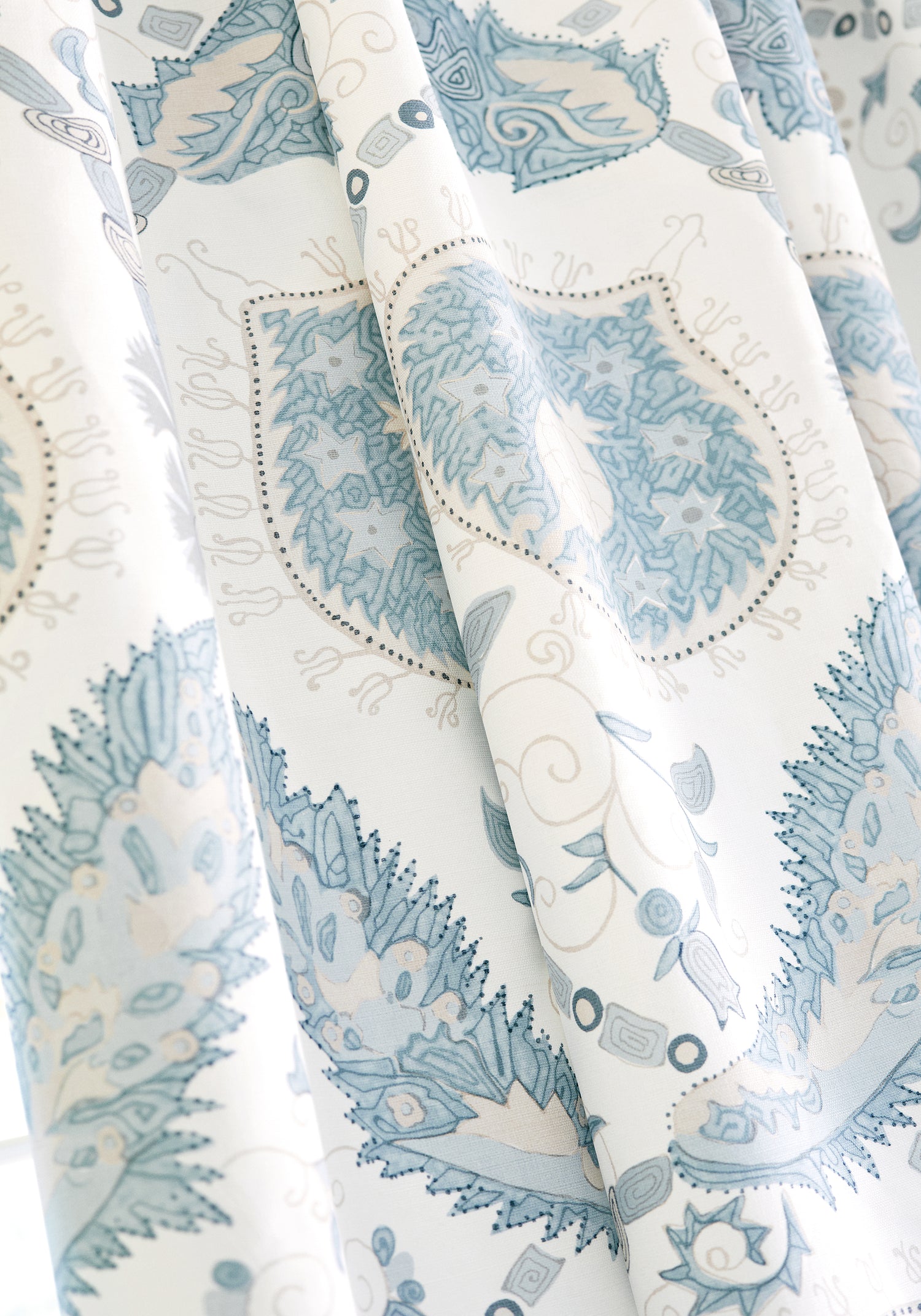 Detailed Lewis printed fabric in spa blue color, pattern number F913215 of the Thibaut Mesa collection