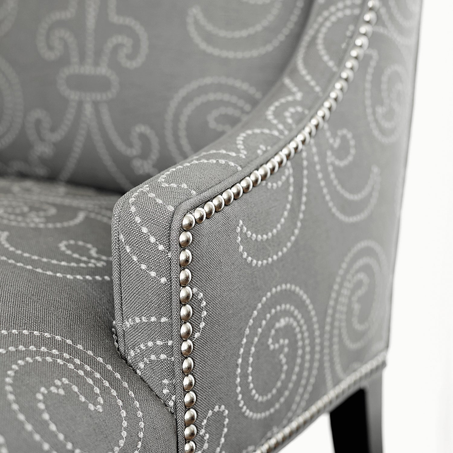 Detail of Hudson Chairs in Barcelona Embroidery woven fabric in Charcoal- pattern number AW9124 - by Anna French