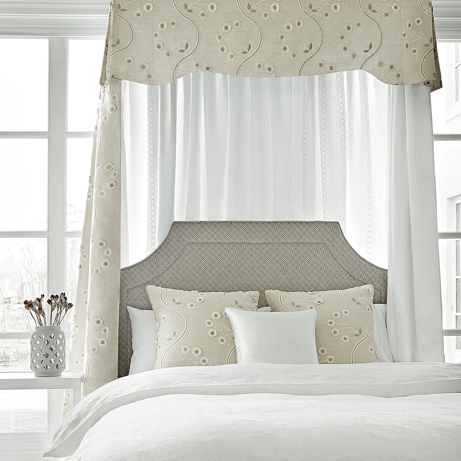 Room with Draperies and pillow made from Olympus Embroidery fabric in natural color - pattern number AW9100 - by Anna French