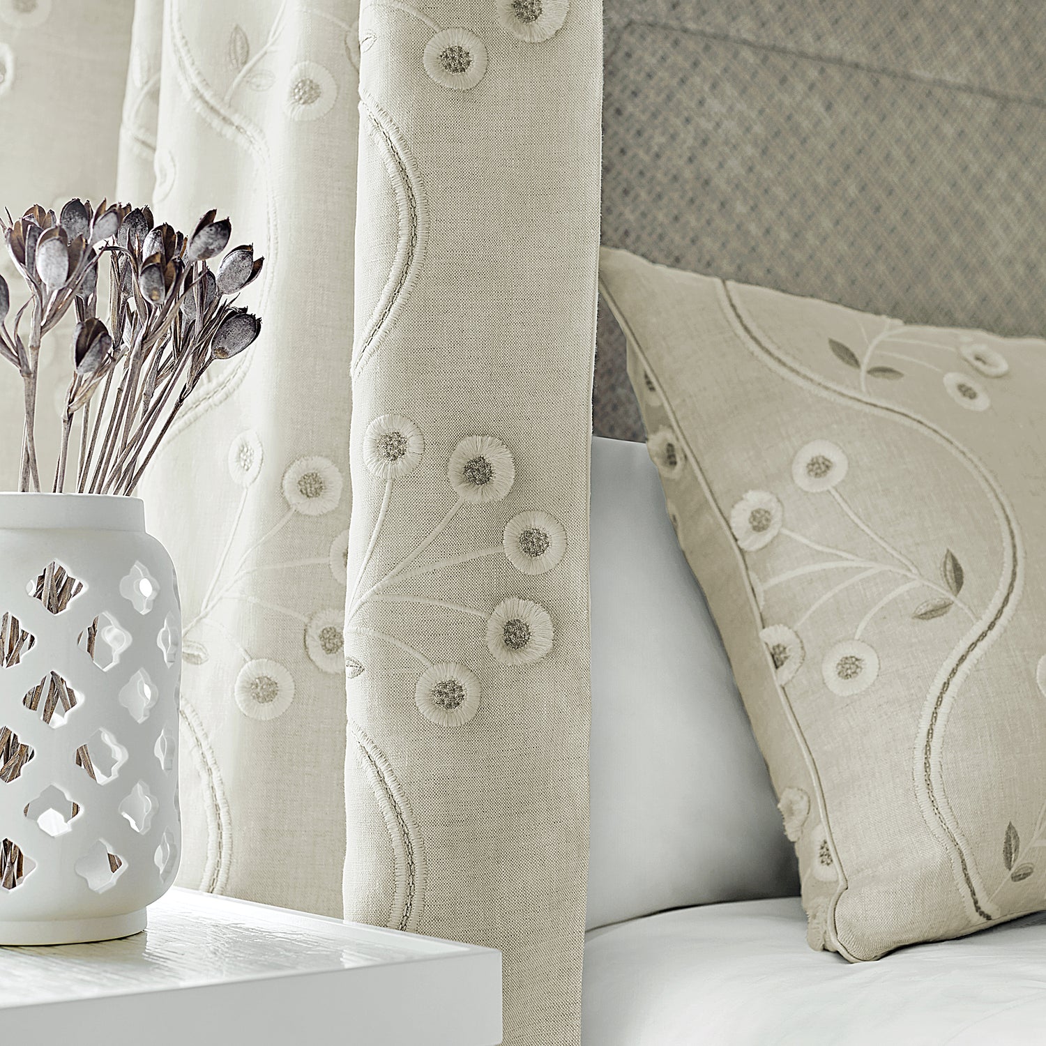 Draperies and pillow made from Olympus Embroidery fabric in natural color - pattern number AW9100 - by Anna French
