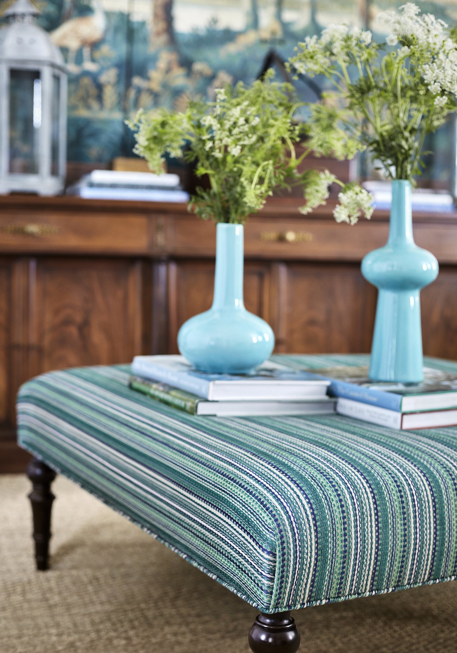 Detailed view of Baxter Bench in Kachina woven fabric in green color variant by Thibaut in the Nomad collection - pattern number W73357