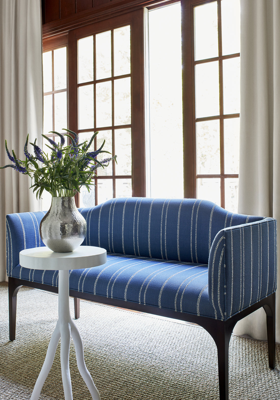 Dorset Bench in Nolan Stripe woven fabric in blue color - pattern number W73309 by Thibaut in the Nomad collection