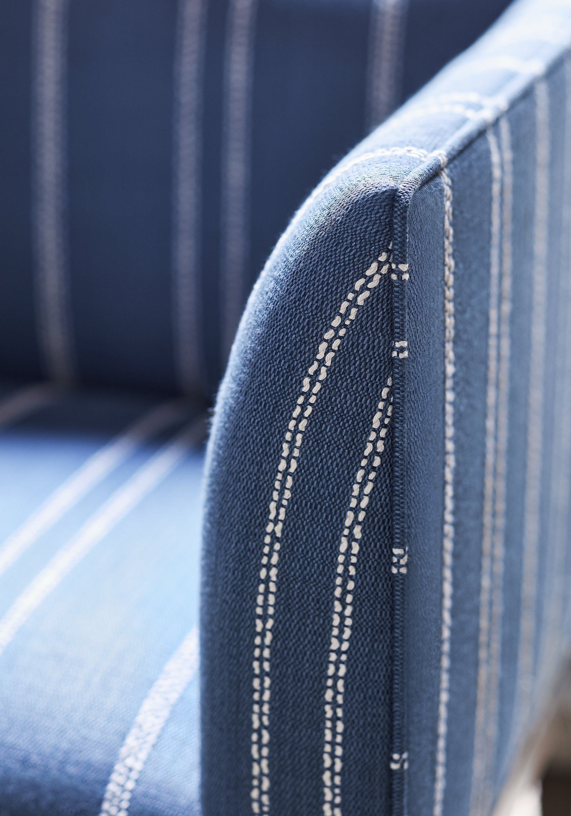 Detailed Nolan Stripe woven fabric in blue color, pattern number W73309 of the Thibaut Nomad collection