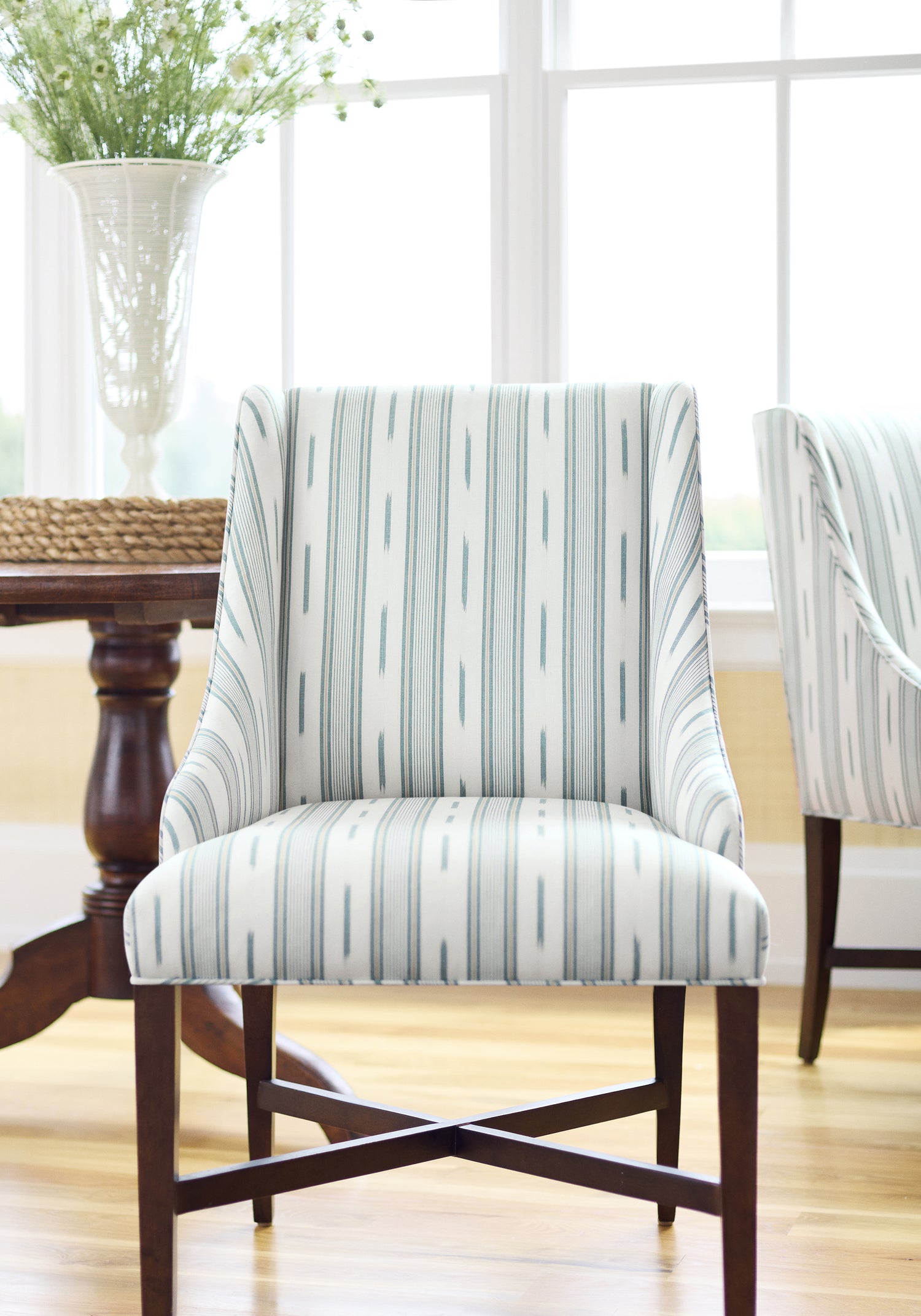 Dining chair in Odeshia Stripe fabric in seaglass color - pattern number W781305 - by Thibaut in the Montecito collection