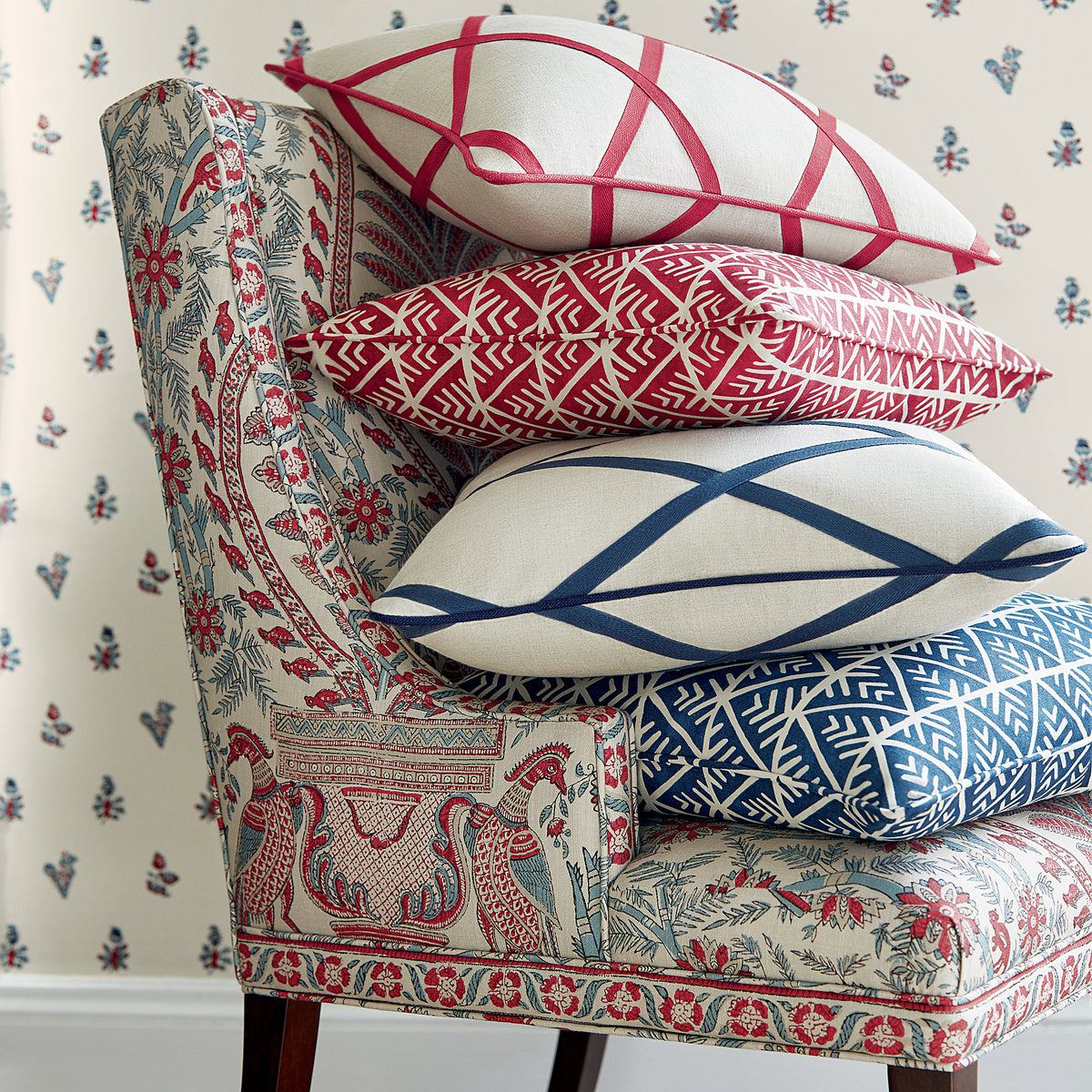 Pillow made with Tarascon Trellis Applique fabric in red on natural color - pattern number AW78710 - by Anna French