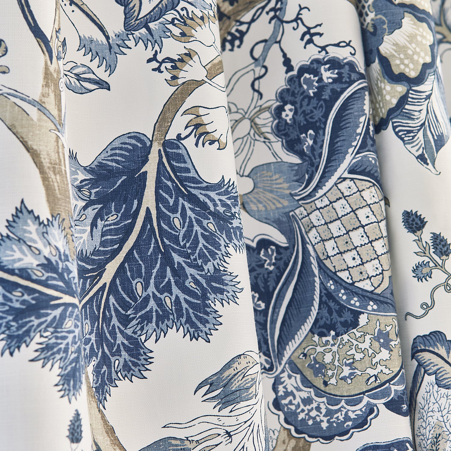 Detail view of Draperies in Kalamkari fabric in blue and white color - pattern number AF78738 - by Anna French