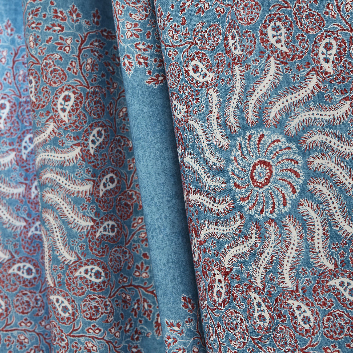 Detail view of Draperies in La Provence printed fabric in Sky Blue - pattern number AF78727 - by Anna French