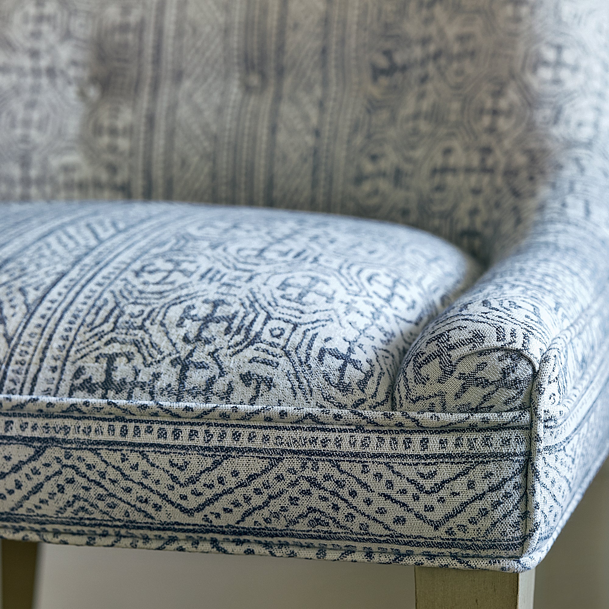 Detail of Bailey Chair in Montecito woven fabric in Navy - pattern number AW78721 - by Anna French