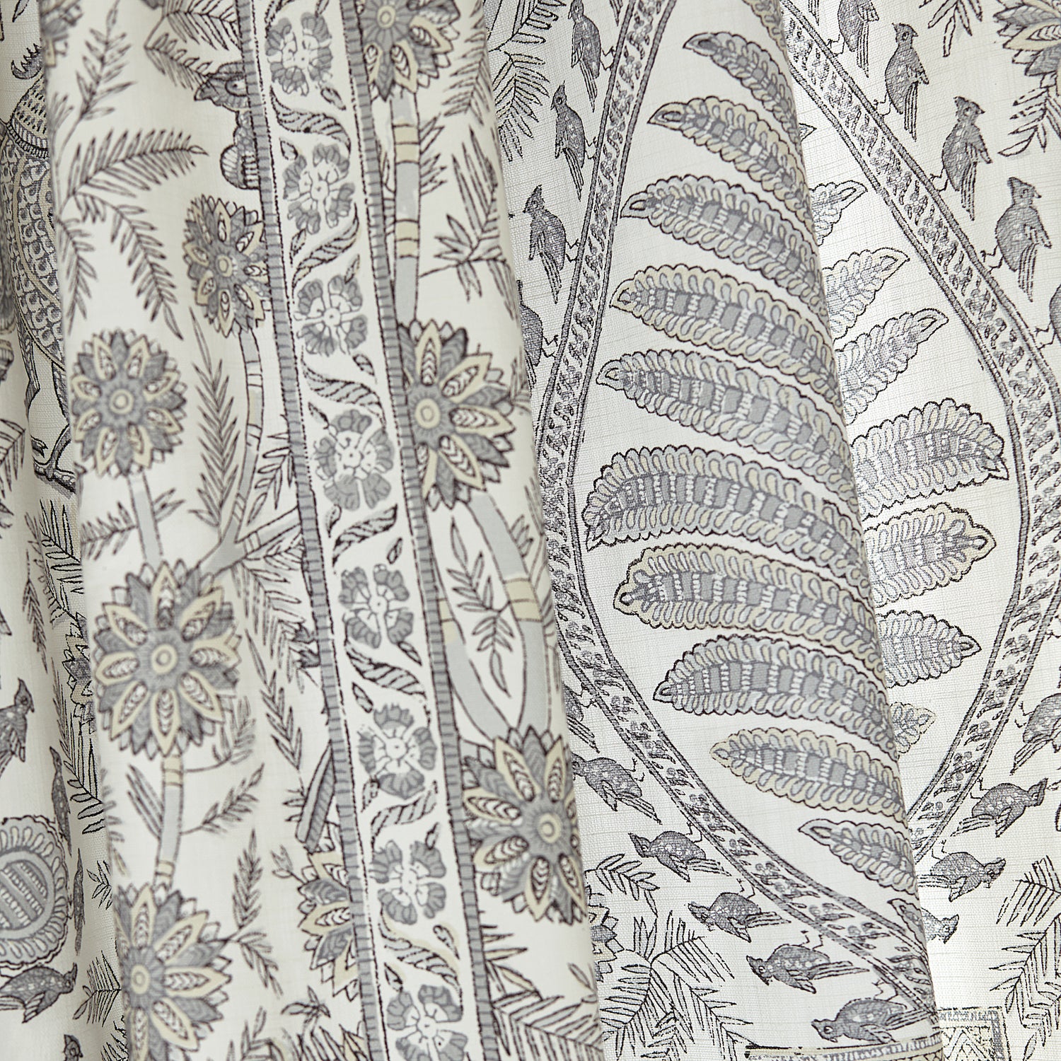 Closeup detail of Palampore printed fabric in Grey - pattern number AF78724 - by Anna French