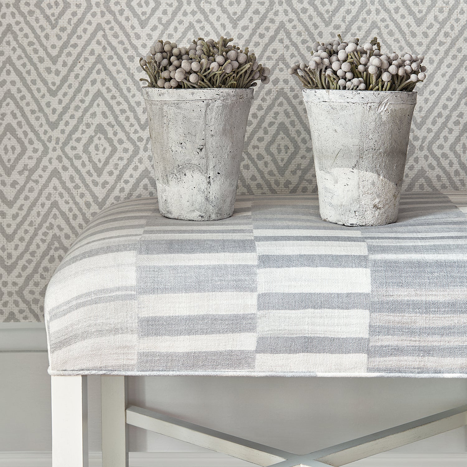 Closeup view of Bellwood Bench in Tansman printed fabric in Grey - pattern number AF78733 - by Anna French