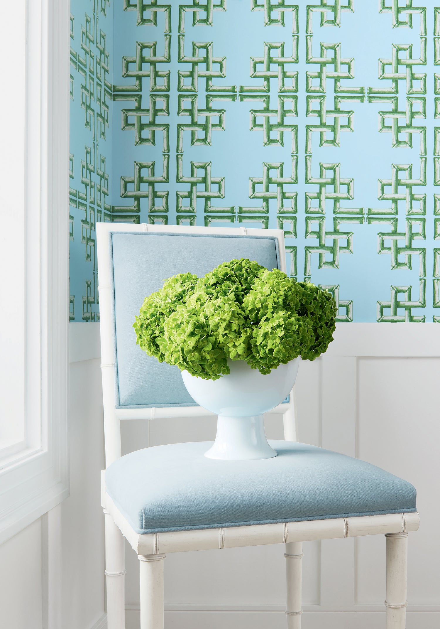 Detailed view of Darien Dining Chair in Club Velvet woven fabric in sky color variant by Thibaut in the Club Velvet collection - pattern number W7244