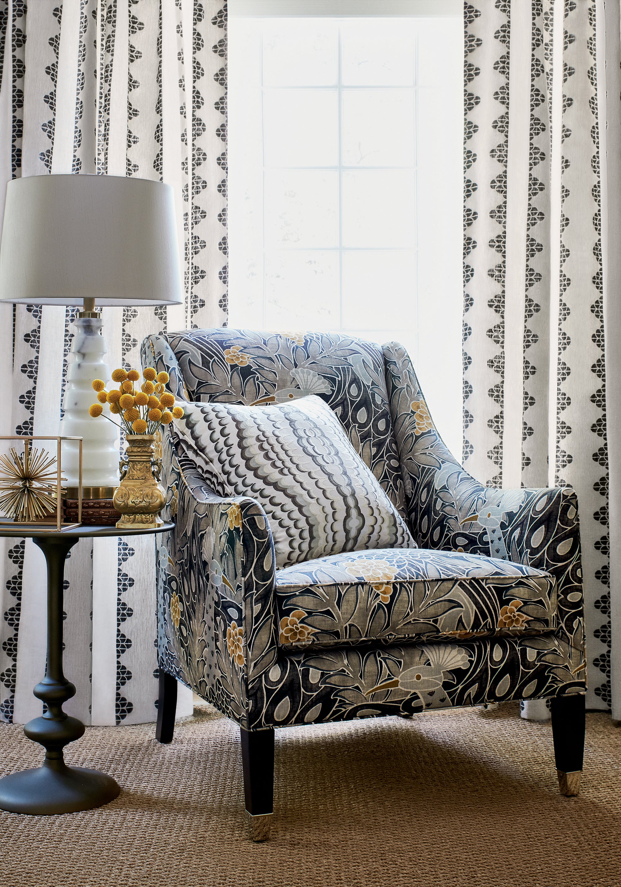 Shelton Wing Chair in Desmond printed fabric in black and charcoal color - pattern number F92919 by Thibaut in the Paramount collection