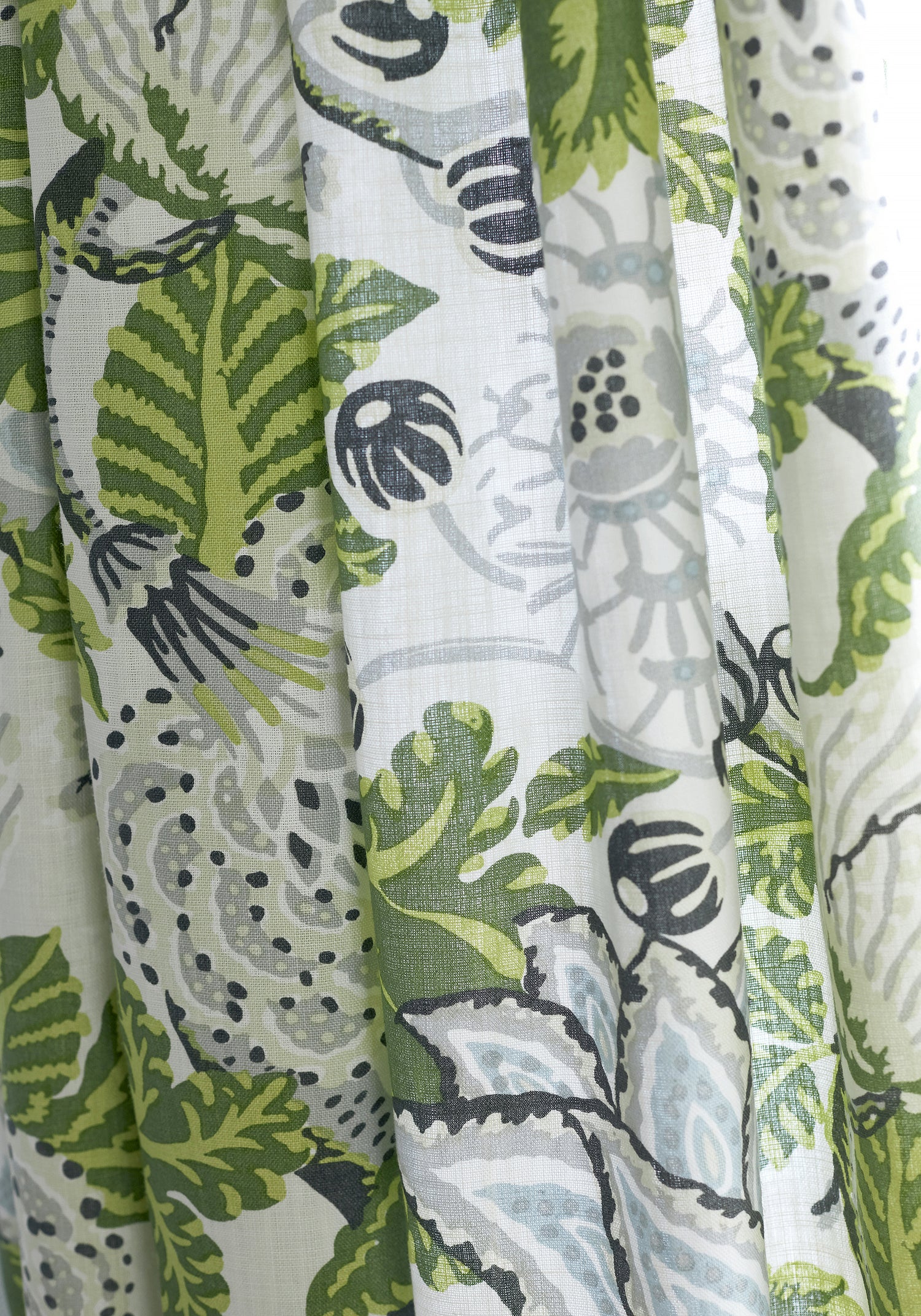 Detailed Mitford printed fabric in green and white color, pattern number F92949 of the Thibaut Paramount collection