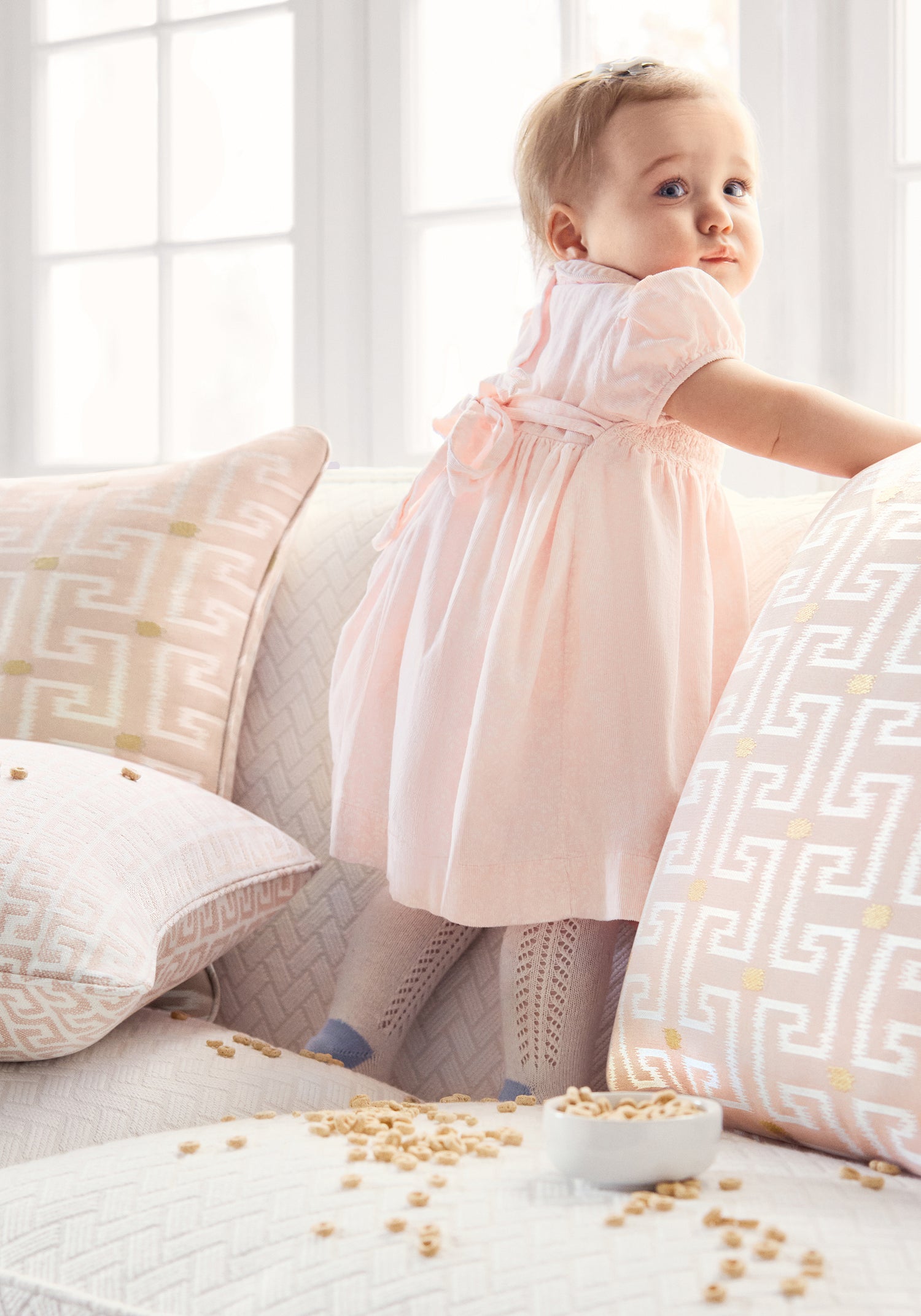 Pillows in Rhodes woven fabric in Blush