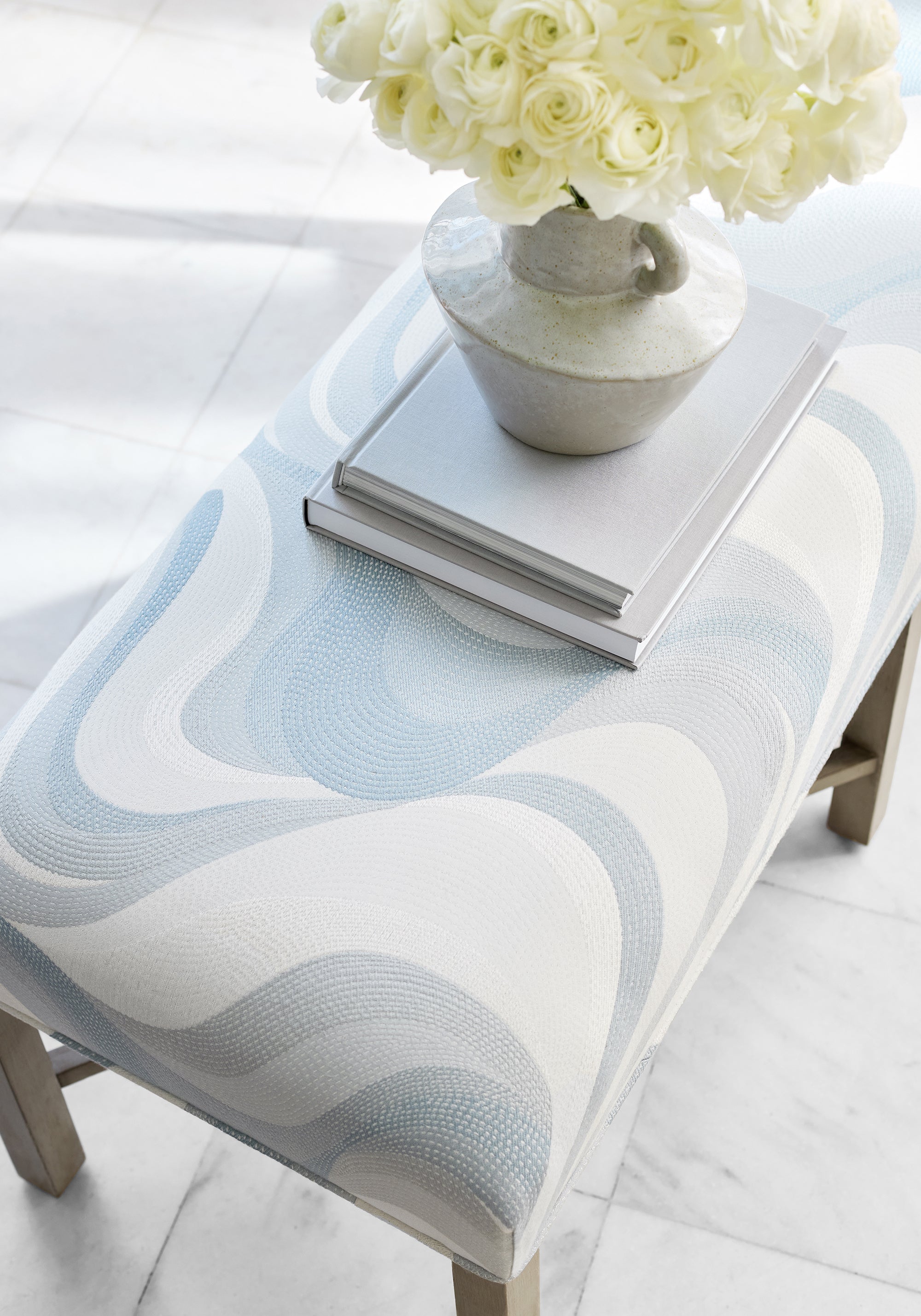 Bellwood Bench in Passage woven fabric in Glacier color - pattern number W74202 - by Thibaut in the Passage collection