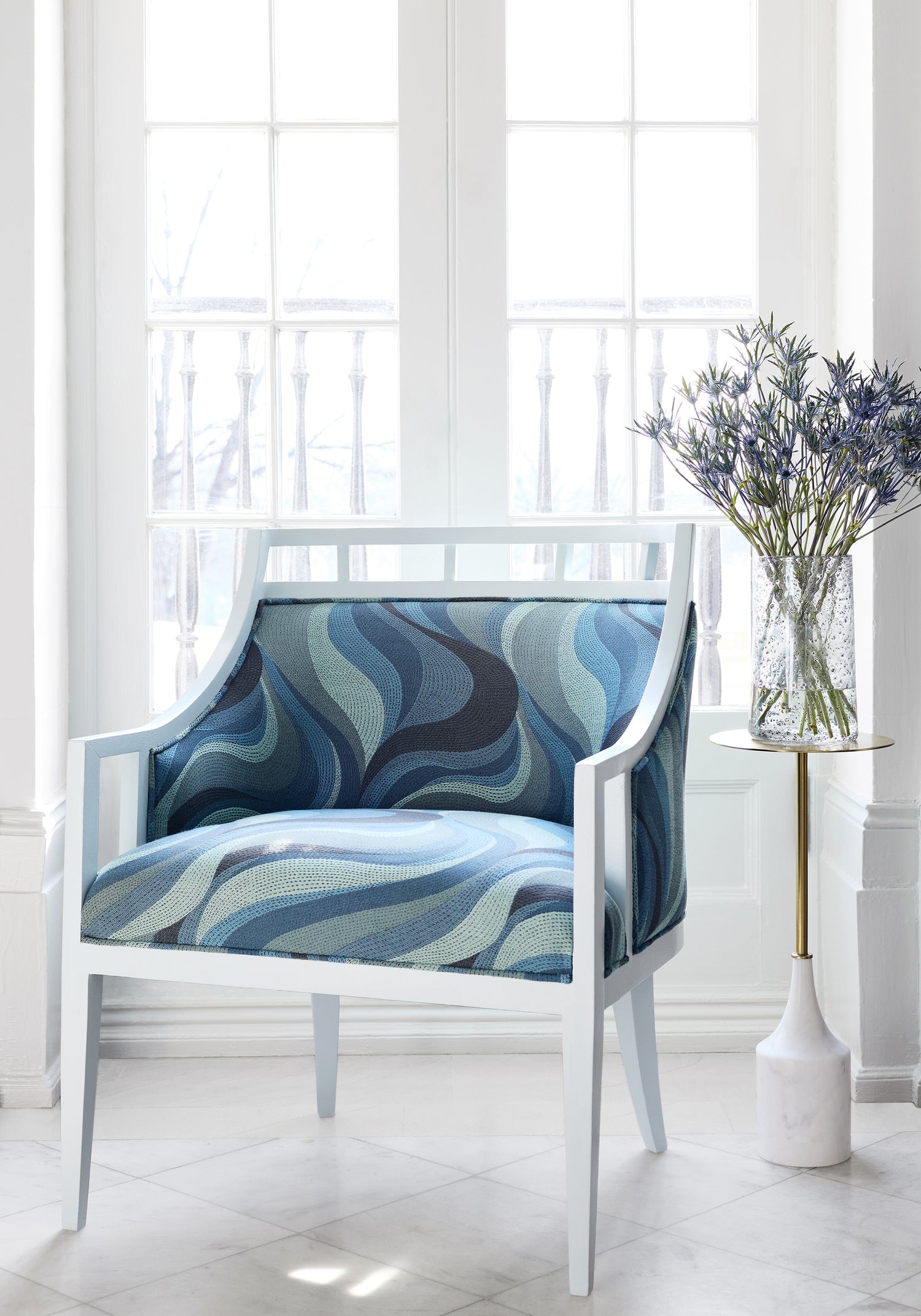 Malibu Chair in Passage woven fabric in Lake color - pattern number W74201 - by Thibaut in the Passage collection