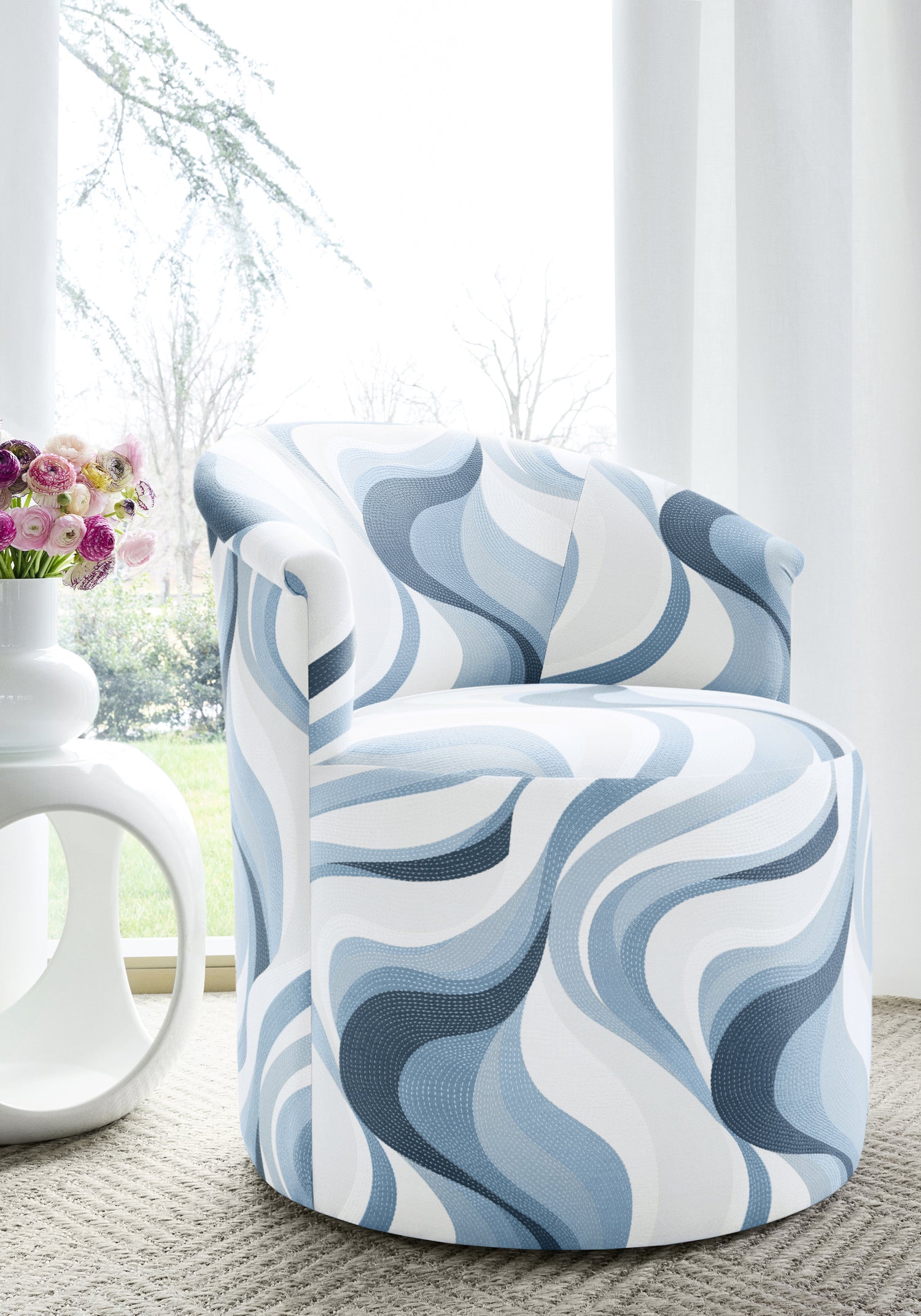 Ashby Chair with upholstered base in Passage woven fabric in waterfall color - pattern number W74203 - by Thibaut fabrics