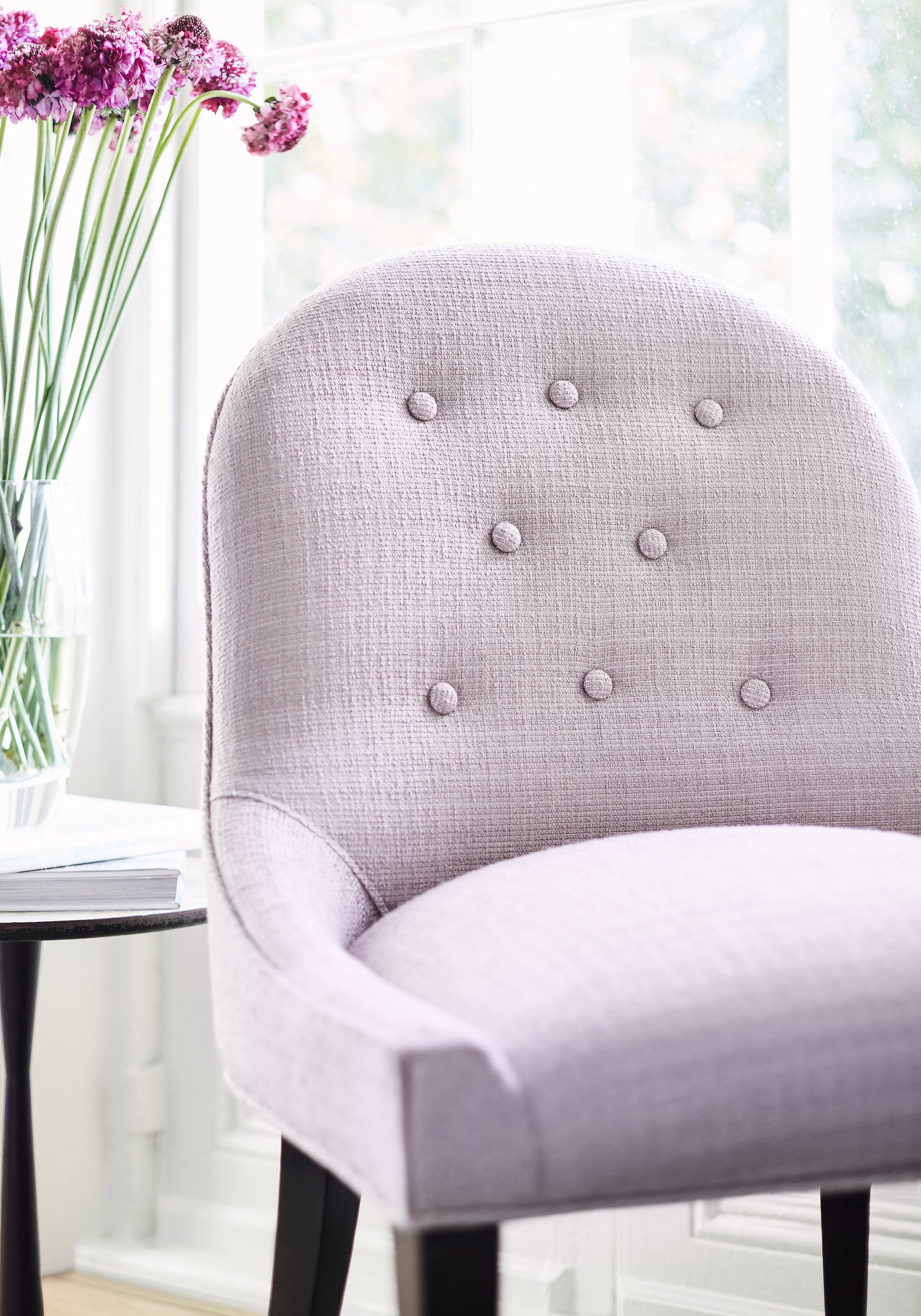 Detail of Melrose Dining Chair in Avery woven fabric in lilac color of the Reverie collection by Thibaut - pattern number W789136