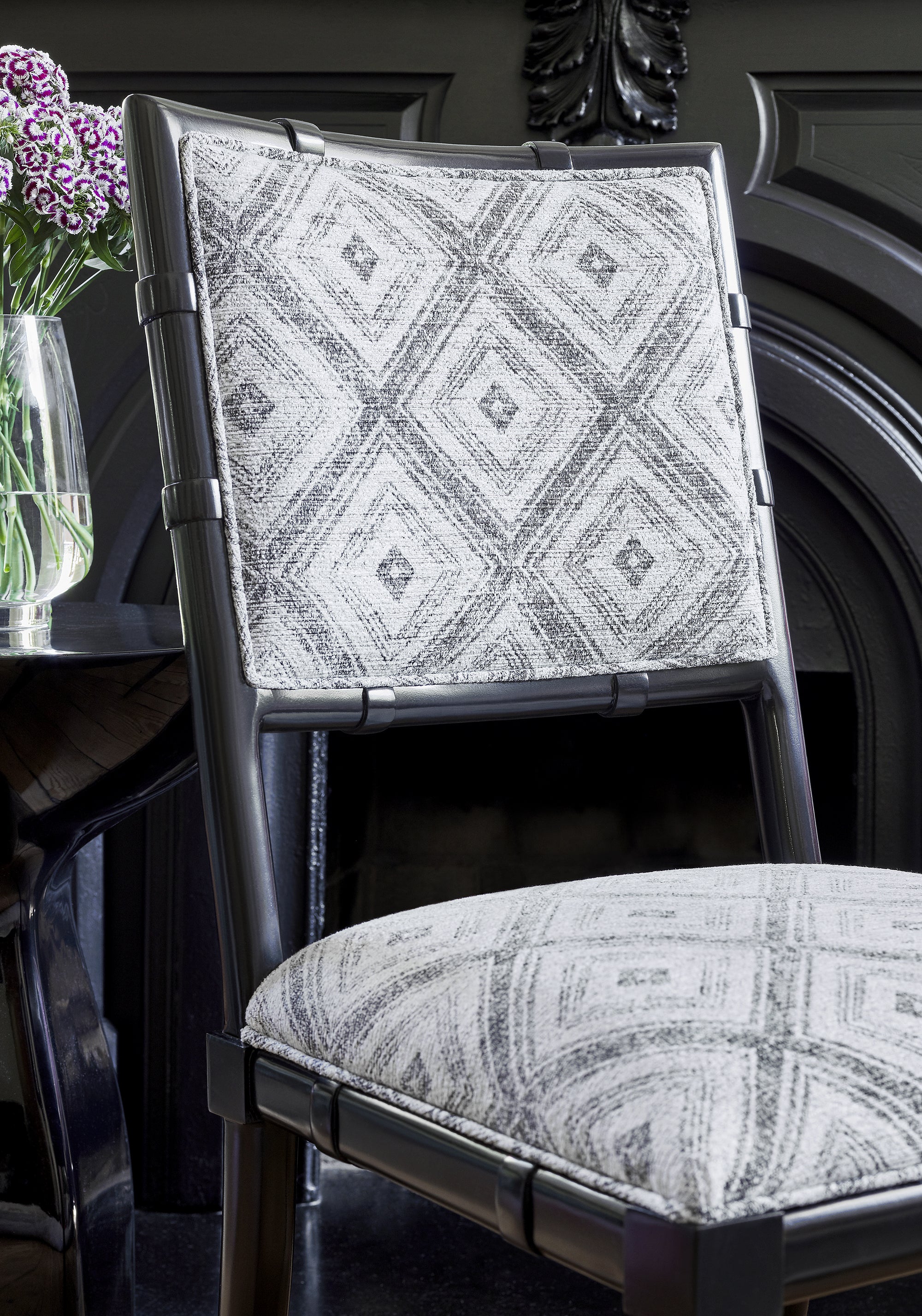 Detailed view of Greenwich Dining Chair in Ellison woven fabric in black color - pattern number W789129 by Thibaut in the Reverie collection