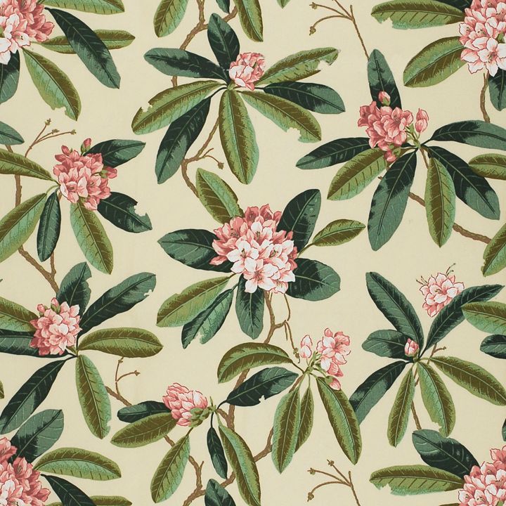 Rhododendron Outdoor fabric in reds and greens on cream color - pattern number SC 000116454 - by Scalamandre in the Scalamandre Fabrics Book 1 collection