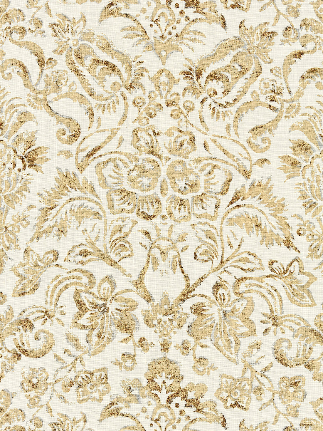 Mansfield Damask Print fabric in ivory and burnished gold color - pattern number SC 000116598 - by Scalamandre in the Scalamandre Fabrics Book 1 collection