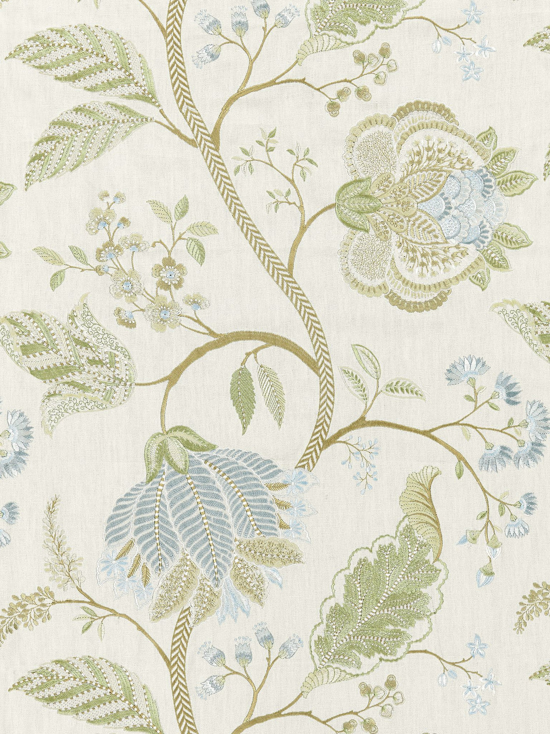 Palampore Embroidery fabric in summer sage color - pattern number SC 000127175 - by Scalamandre in the Scalamandre Fabrics Book 1 collection