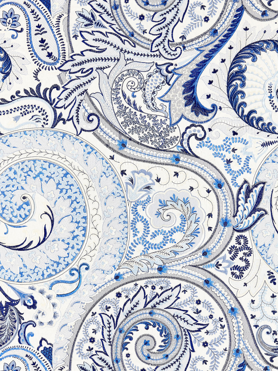 Malabar Paisley Embroidery fabric in porcelain color - pattern number SC 000227124 - by Scalamandre in the Scalamandre Fabrics Book 1 collection