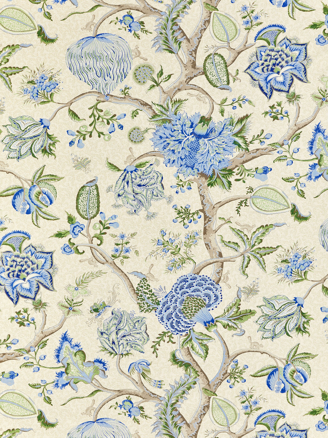Pondicherry Cotton Print fabric in blue, green on cream color - pattern number SC 000316430 - by Scalamandre in the Scalamandre Fabrics Book 1 collection