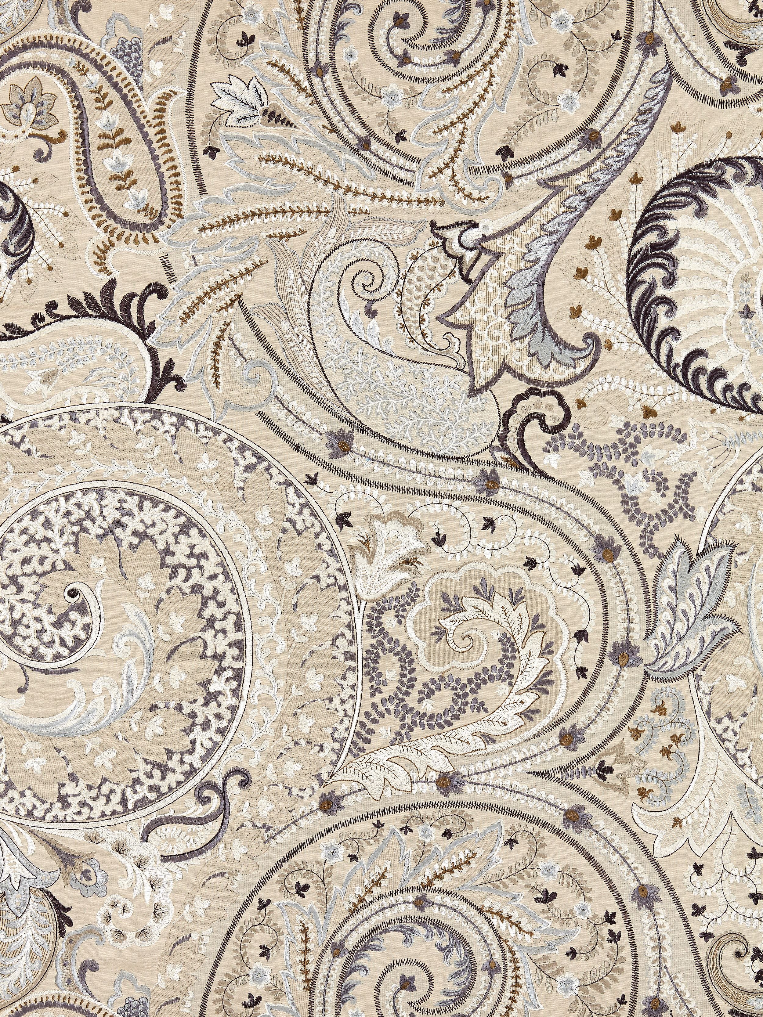 Malabar Paisley Embroidery fabric in flax color - pattern number SC 000327124 - by Scalamandre in the Scalamandre Fabrics Book 1 collection