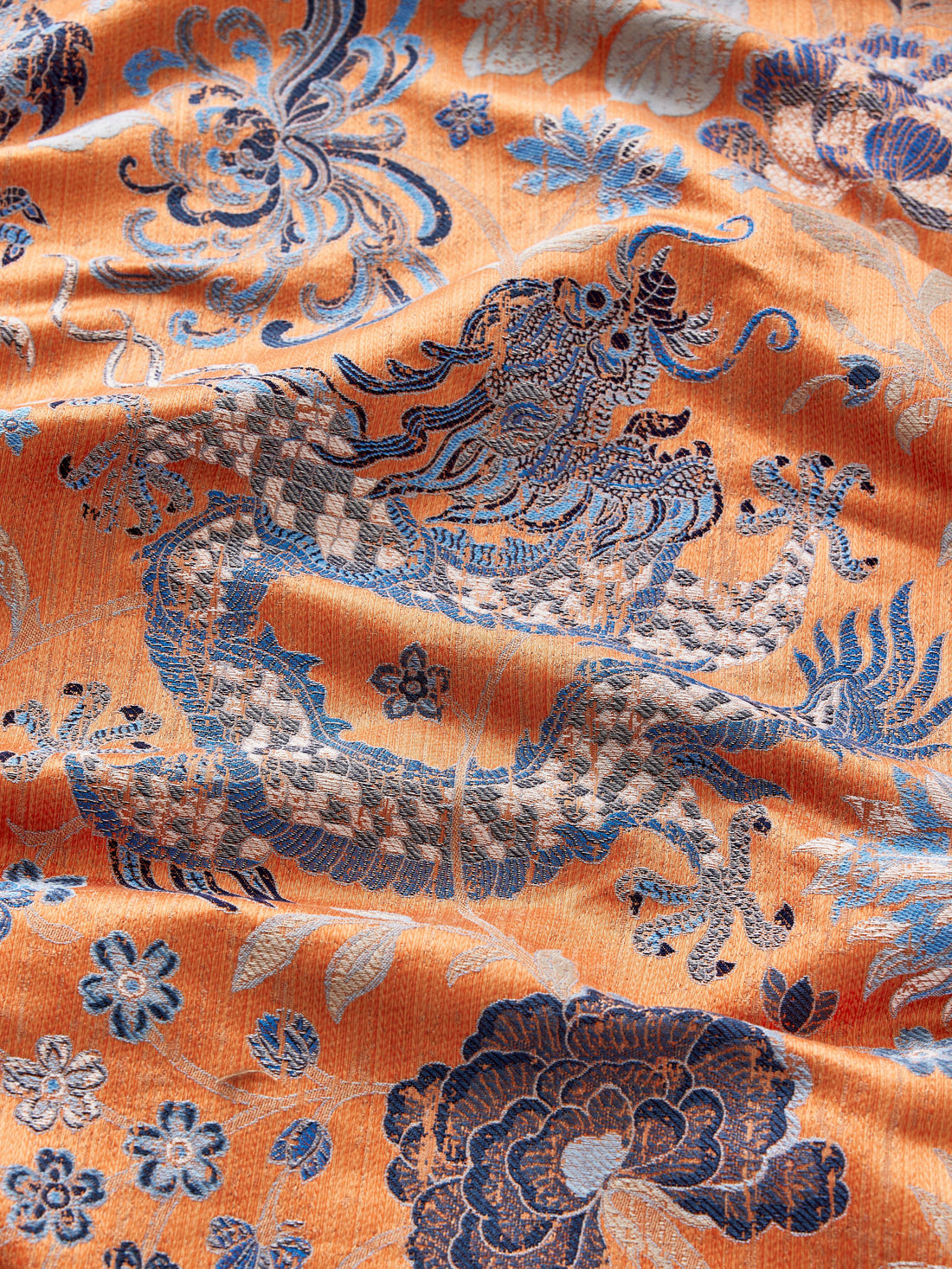 Dragon Tableau fabric in persimmon blue color - pattern number SC000427327 - by Scalamandre in the Scalamandre Fabrics Book 2 collection