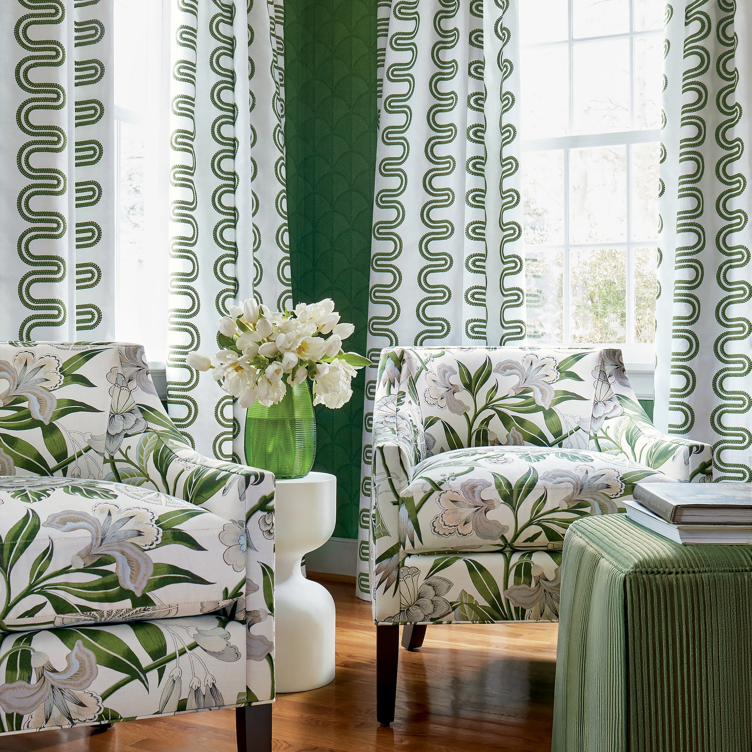 Two Everett Chairs in Cleo printed fabric in Green and White - pattern number AF9622 - by Anna French