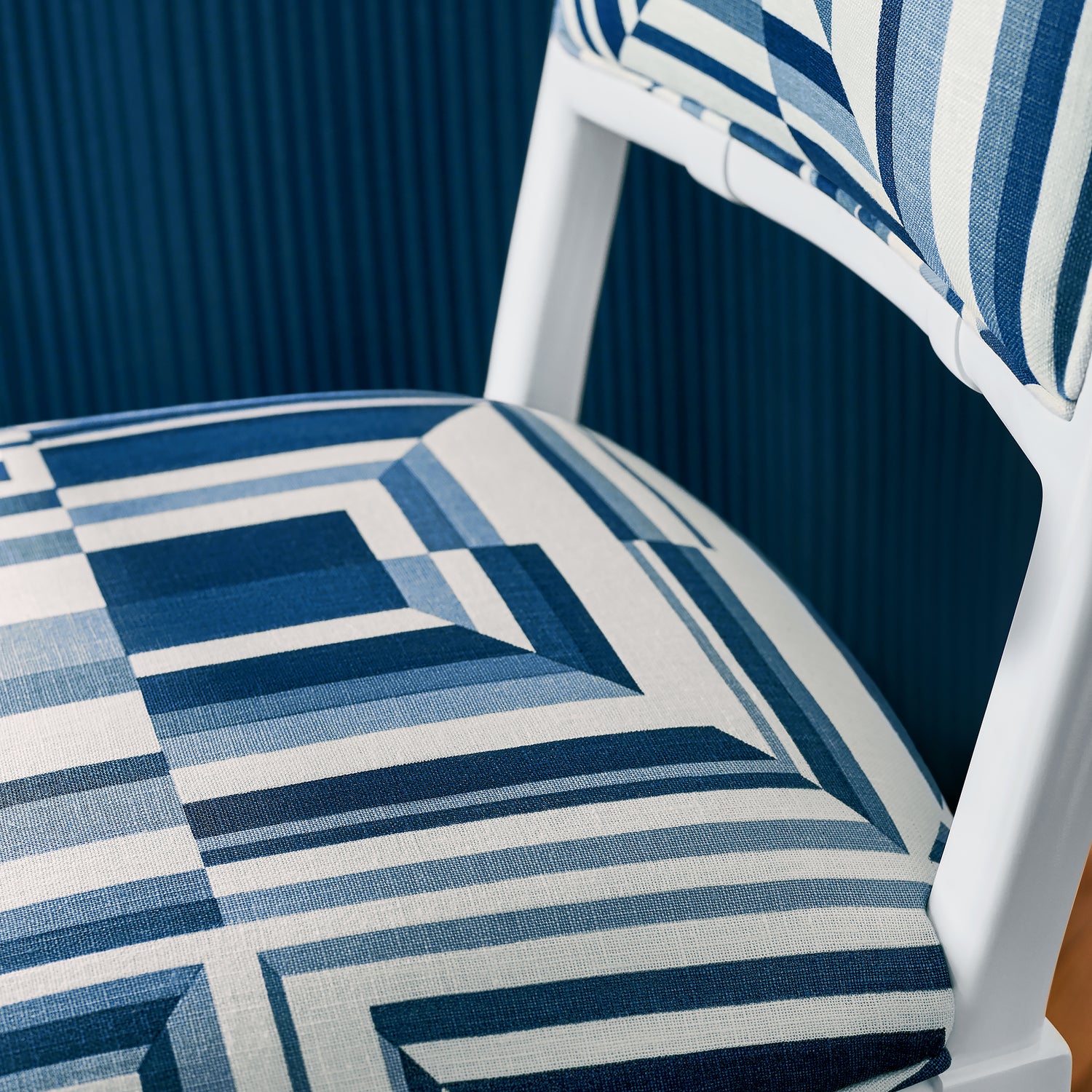 Detail of Greenwich Dining Chair in Cubism printed fabric in Navy on White - pattern number AF9654 - by Anna French