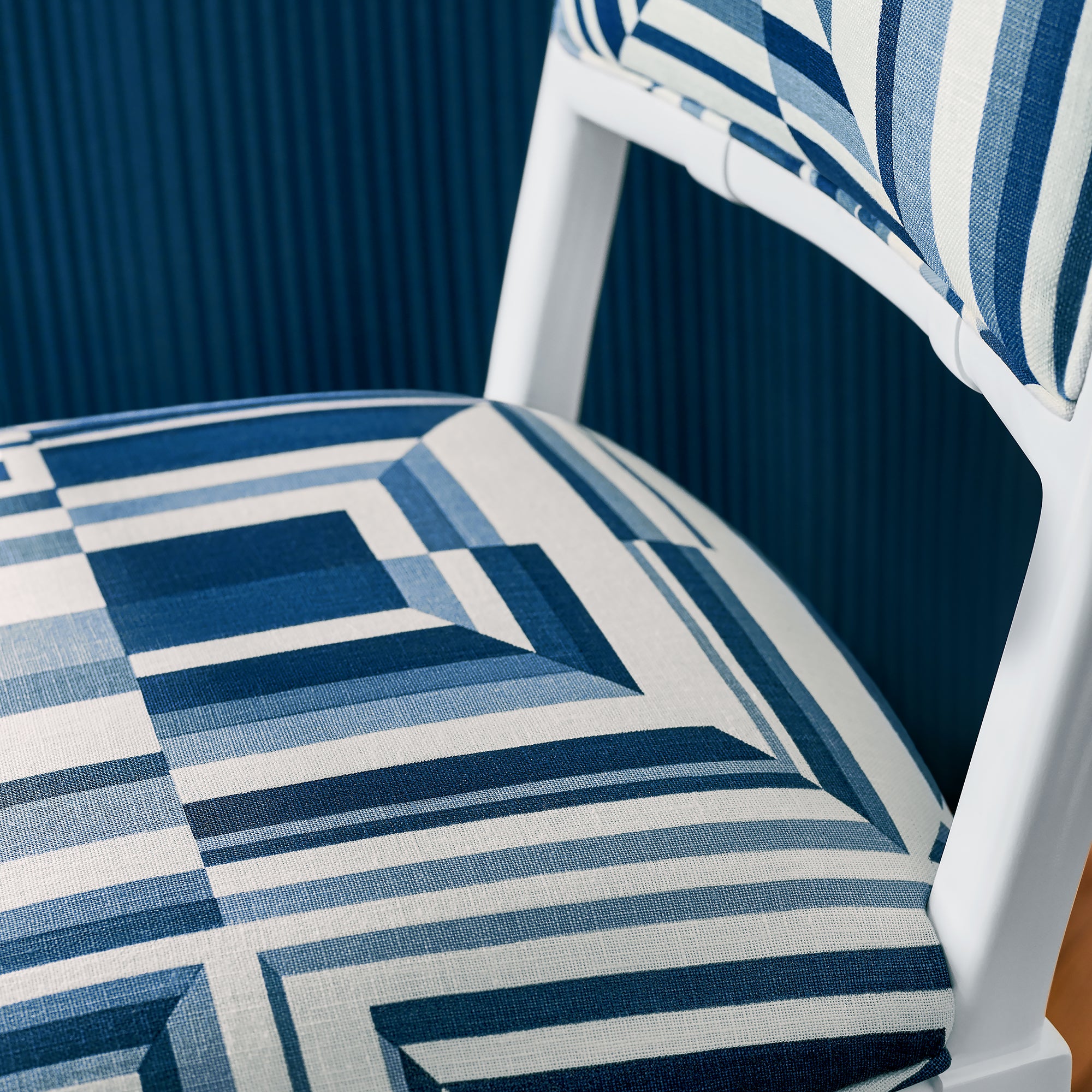 Detail of Greenwich Dining Chair in Cubism printed fabric in Navy on White - pattern number AF9654 - by Anna French