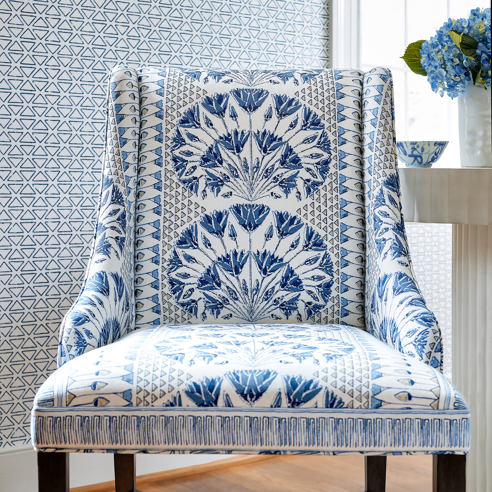 Hayden Dining Chair in Cairo printed fabric in Blue &amp; White - pattern number AF9624 - by Anna French in the Savoy collection