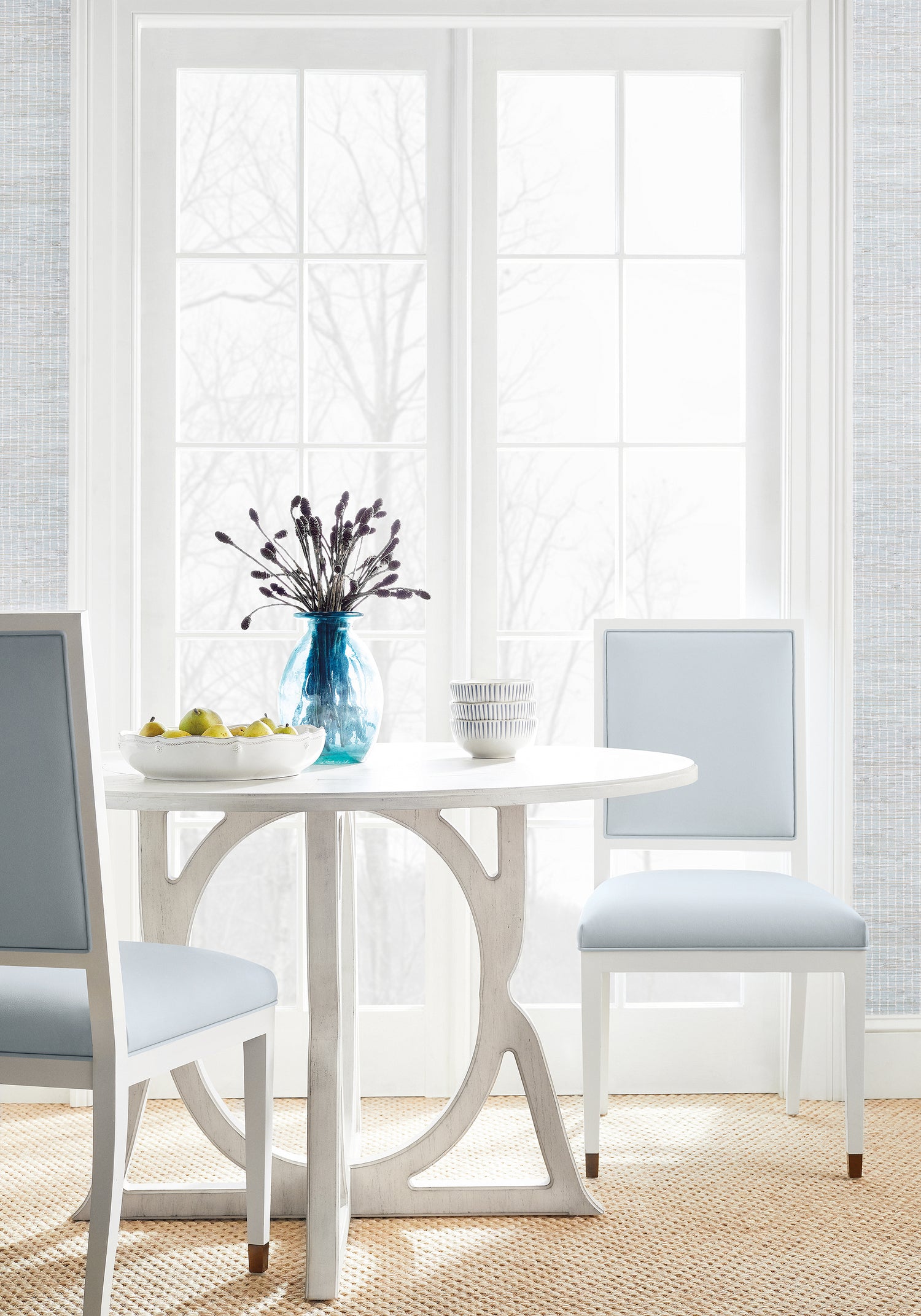 Lauderdale Dining Chairs in Arcata woven fabric in Glacier color by Thibaut pattern W78387