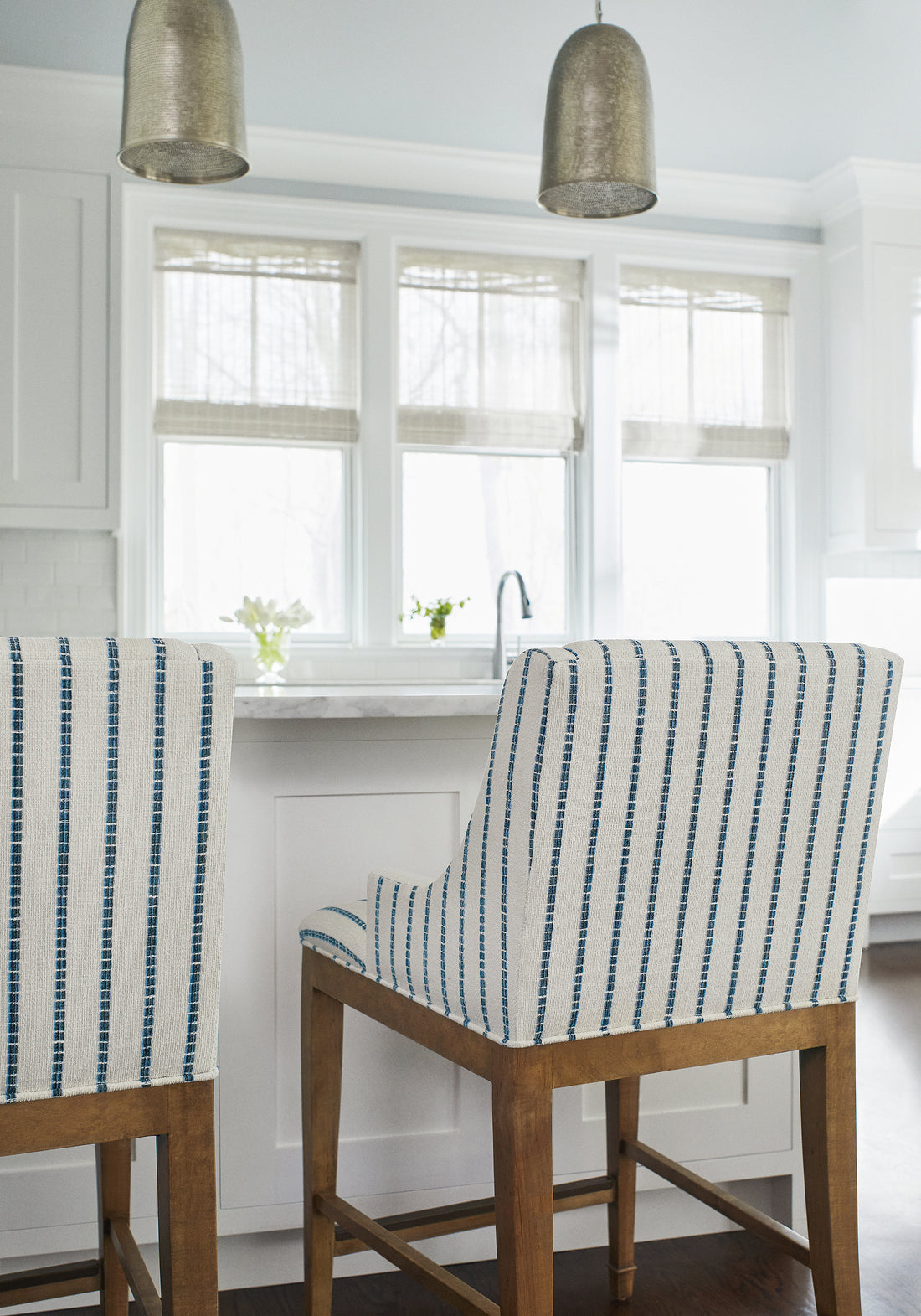 Hudson Counter Stools in Oak Creek Stripe woven fabric in Indigo color - pattern number W78337 - by Thibaut in the Sierra collection