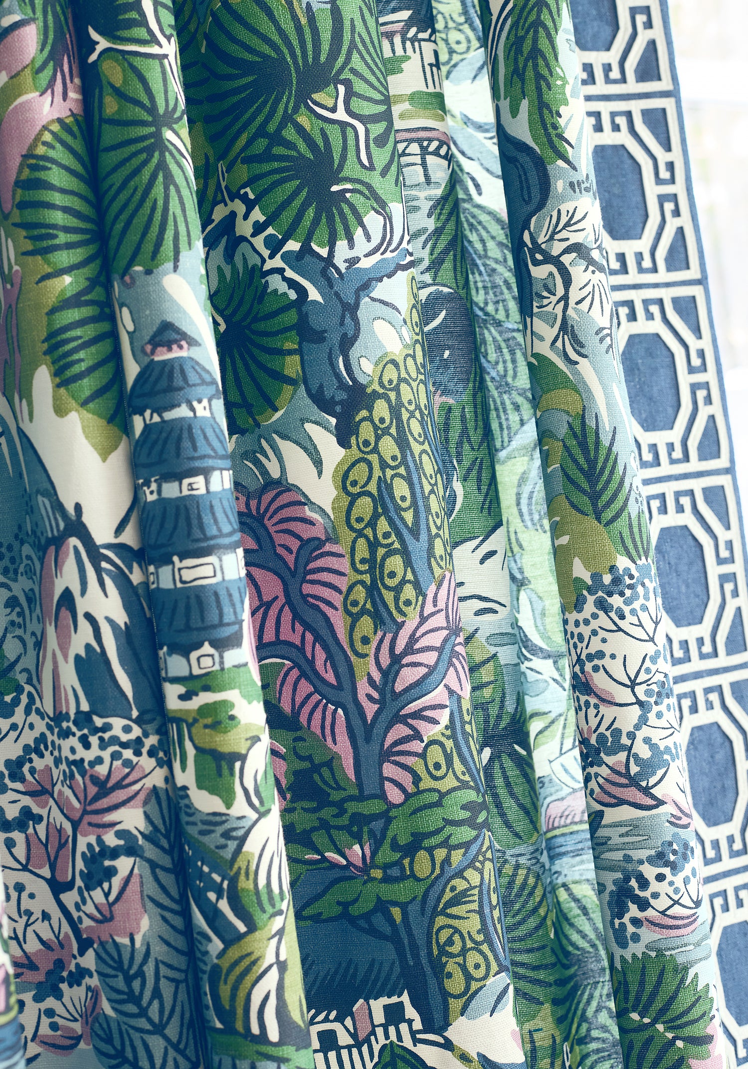 Detail of draperies in Thibaut Pagoda Trees printed fabric in Lavender and Blue pattern number F942024