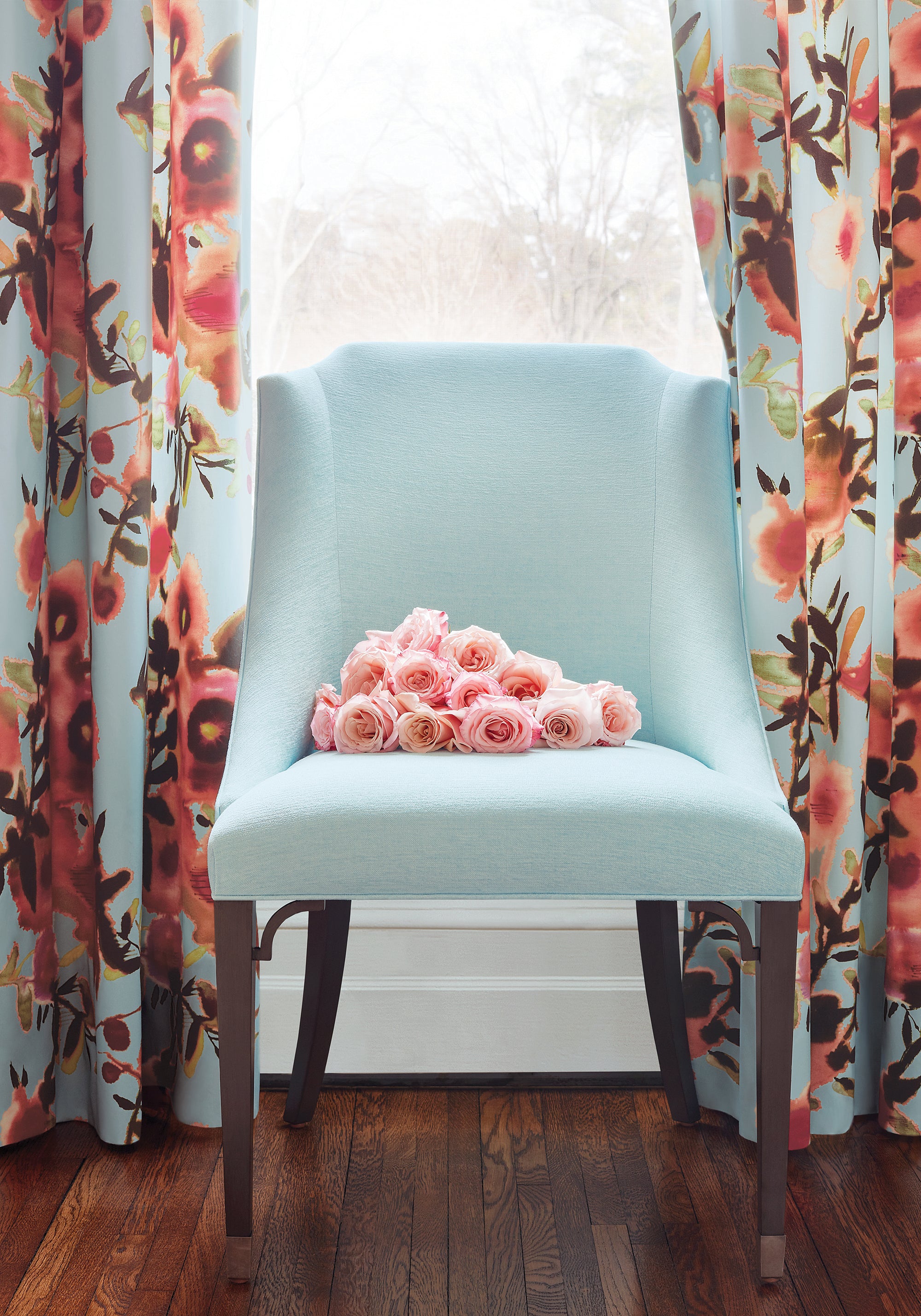 Display of Open Spaces printed fabric in aqua and coral color - pattern number F913086 by Thibaut in the Summer House collection