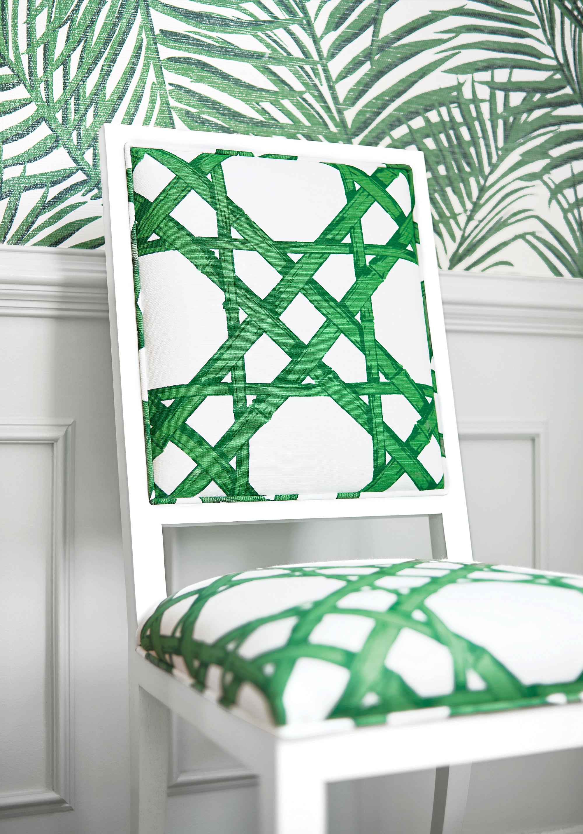 Emerald green colored Lauderdale Chair in Cyrus Cane printed fabric, pattern number F913140 of Thibaut&