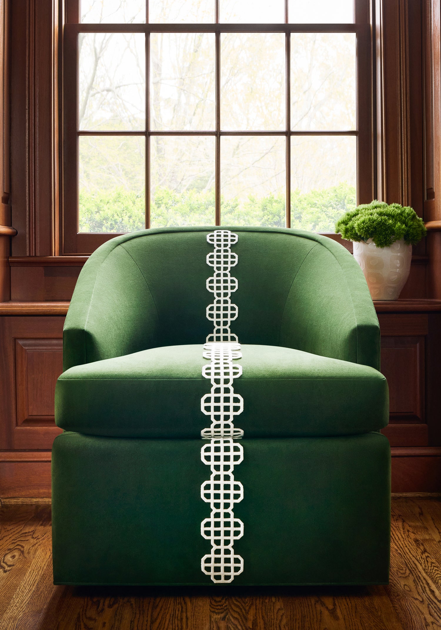 Dexter Chair in Club Velvet woven fabric in emerald color - pattern number W7251 by Thibaut in the Club Velvet collection