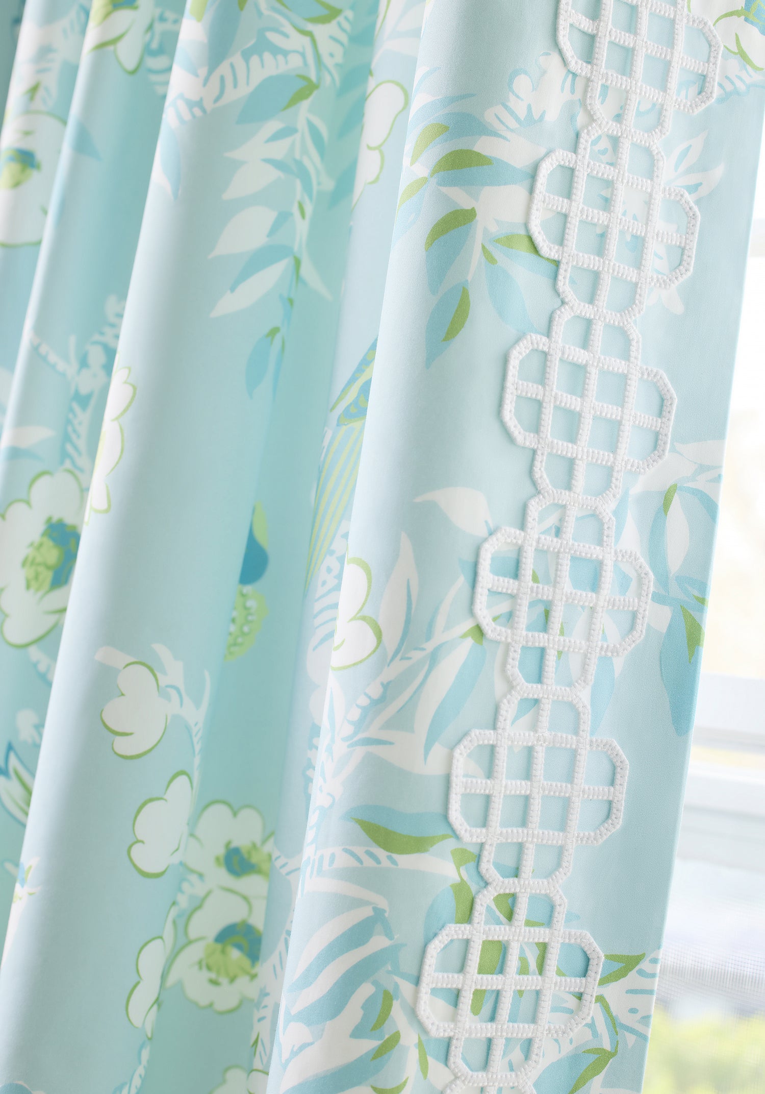 Detailed Yukio printed fabric in spa blue color, pattern number F920843 of the Thibaut Eden collection