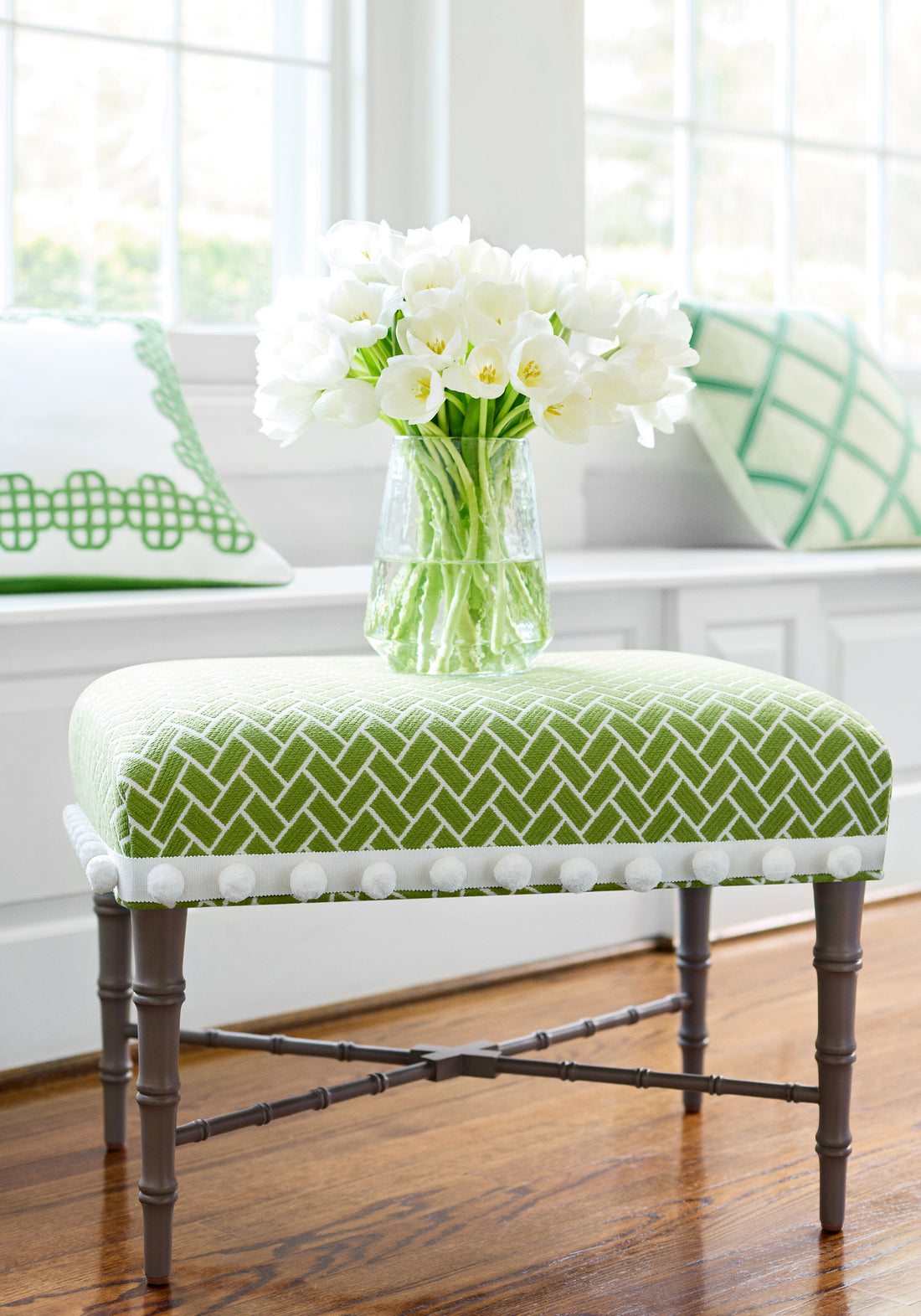 Eaton Ottoman in Thibaut cobblestone fabric in spring color - pattern number W74218