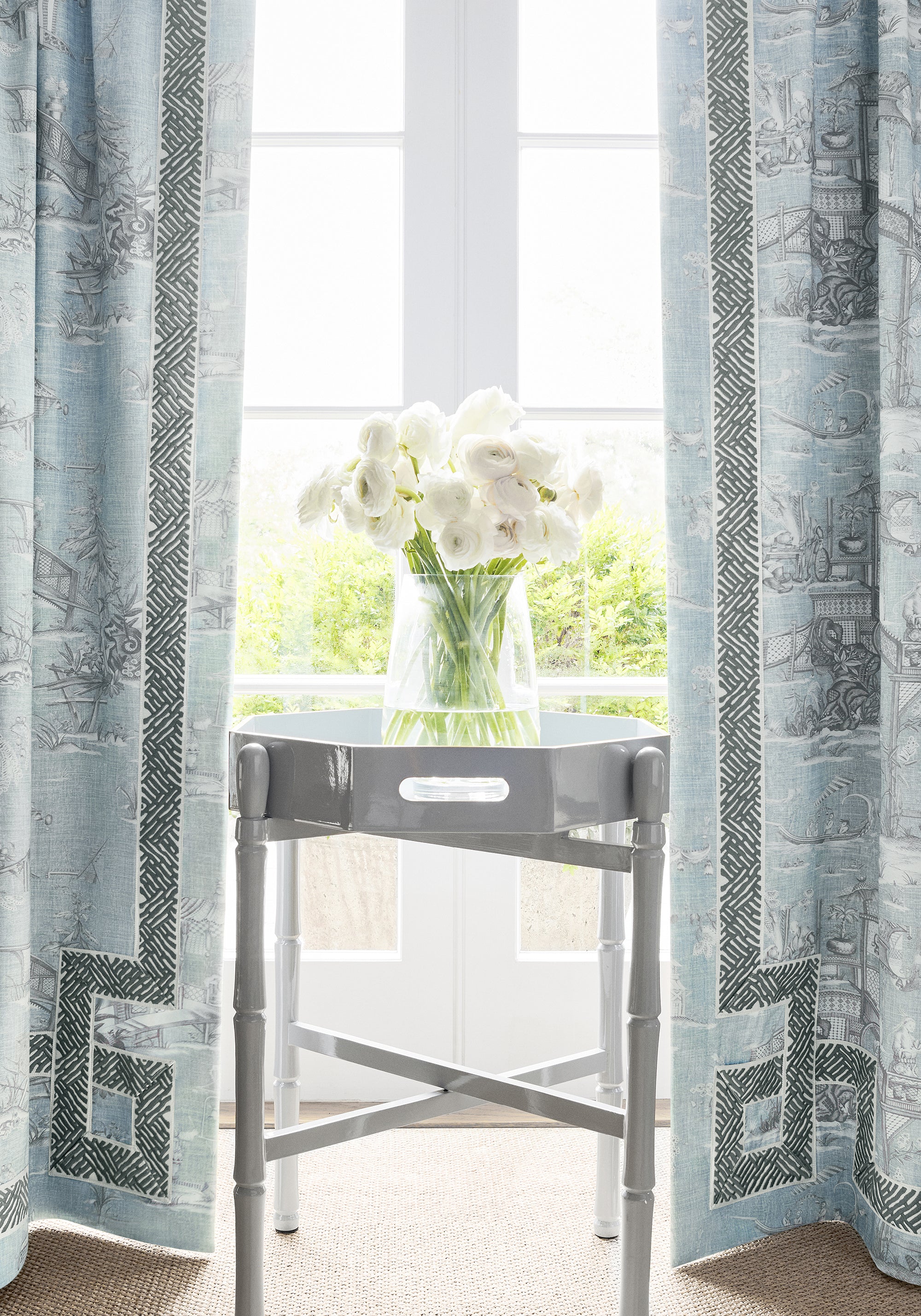 Drapery in Cheng Toile printed fabric in robins egg color - pattern number F975468 by Thibaut in the Dynasty collection
