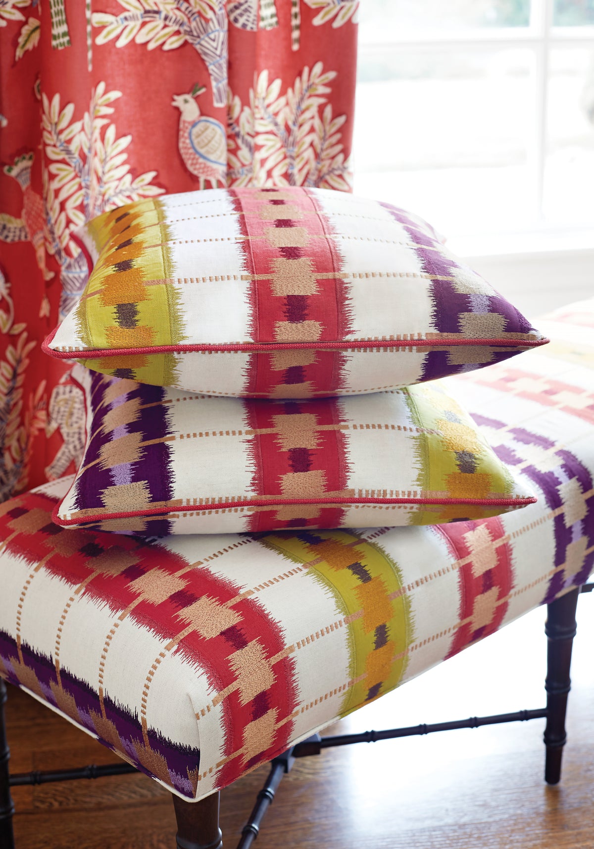 Eaton Ottoman and pillows in Sri Lanka Embroidery woven fabric in red color - pattern number W788710 - by Thibaut in the Trade Routes collection