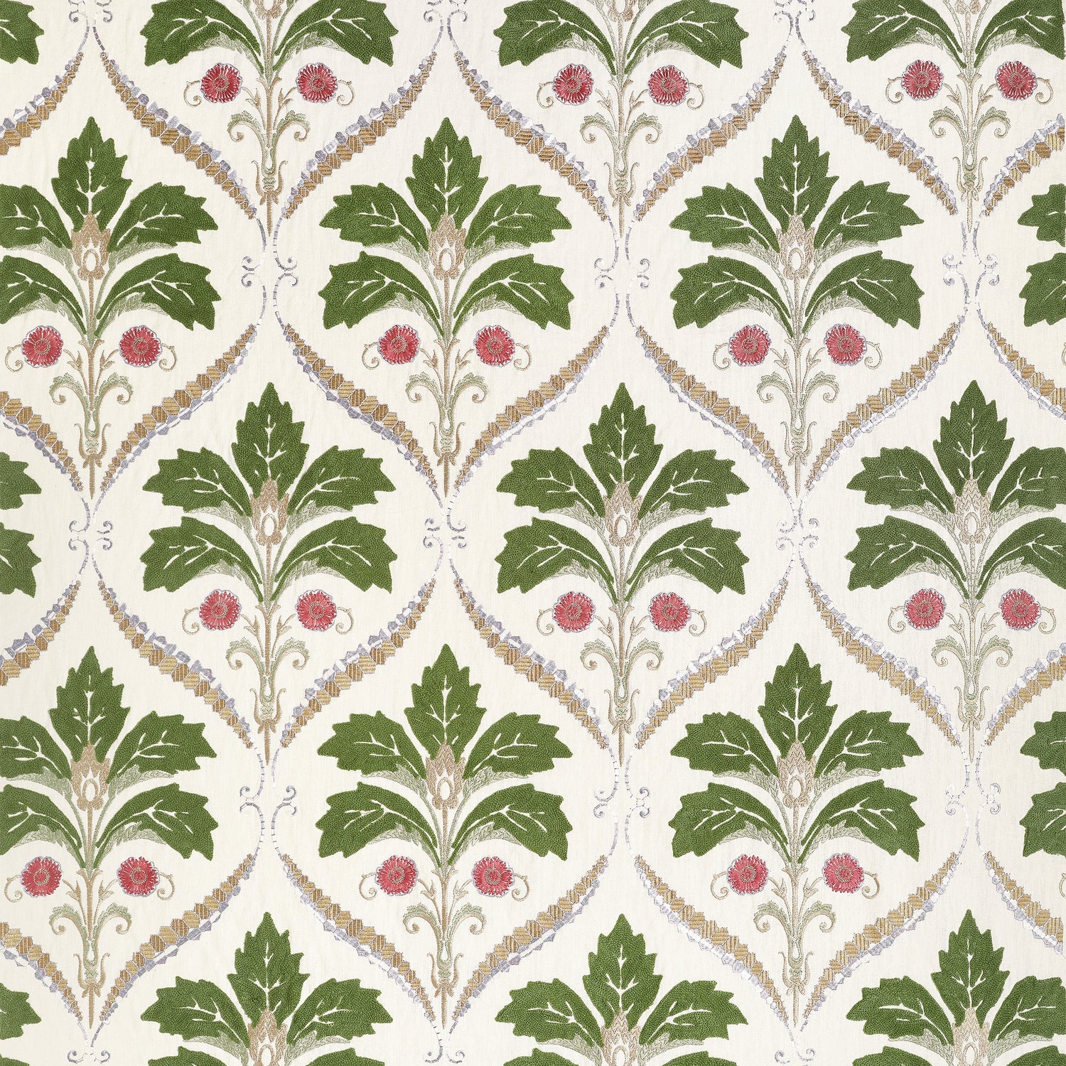 Kendall Damask Embroidery fabric in olive color - pattern number W710508 - by Thibaut in the Boxwood collection
