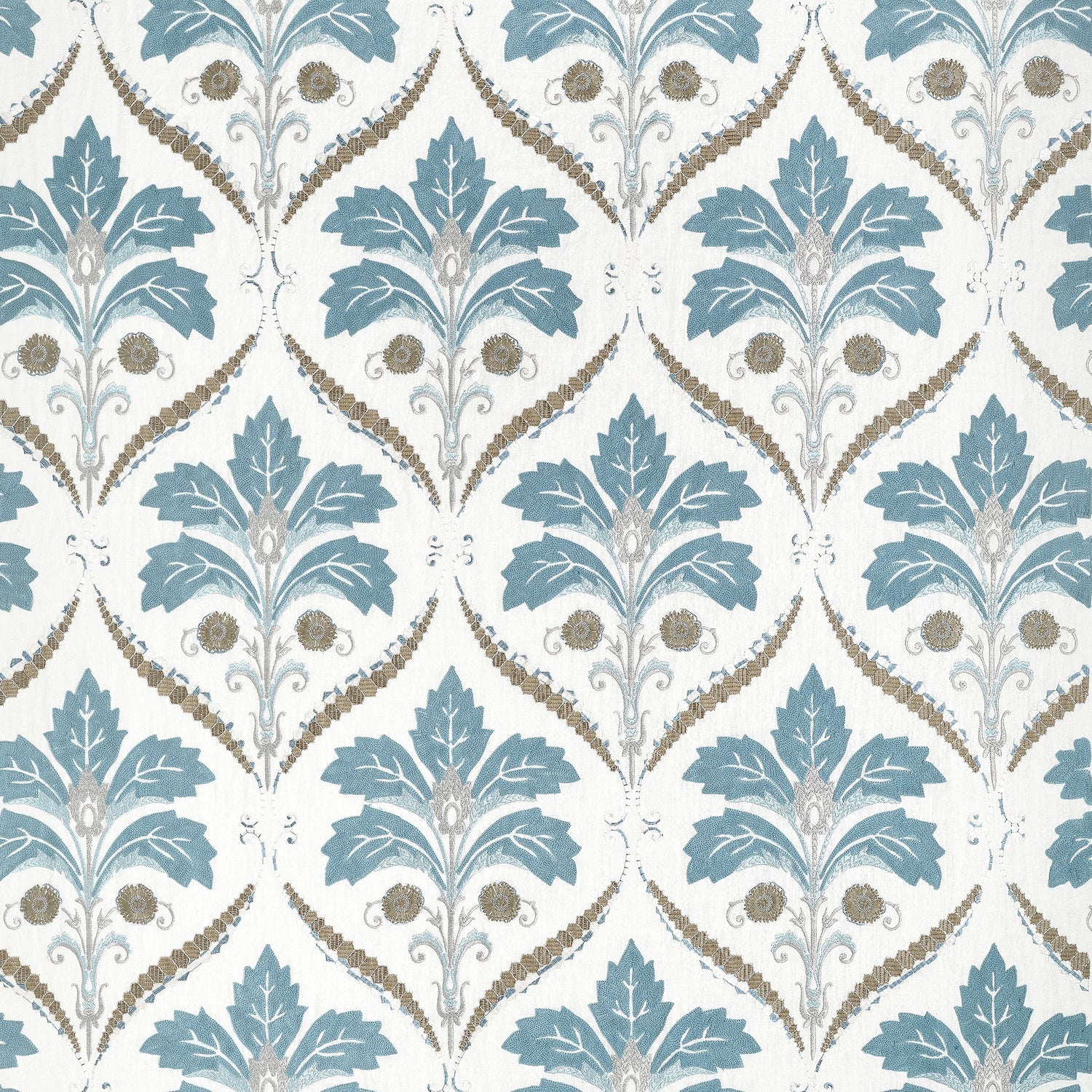 Kendall Damask Embroidery fabric in mineral color - pattern number W710509 - by Thibaut in the Boxwood collection
