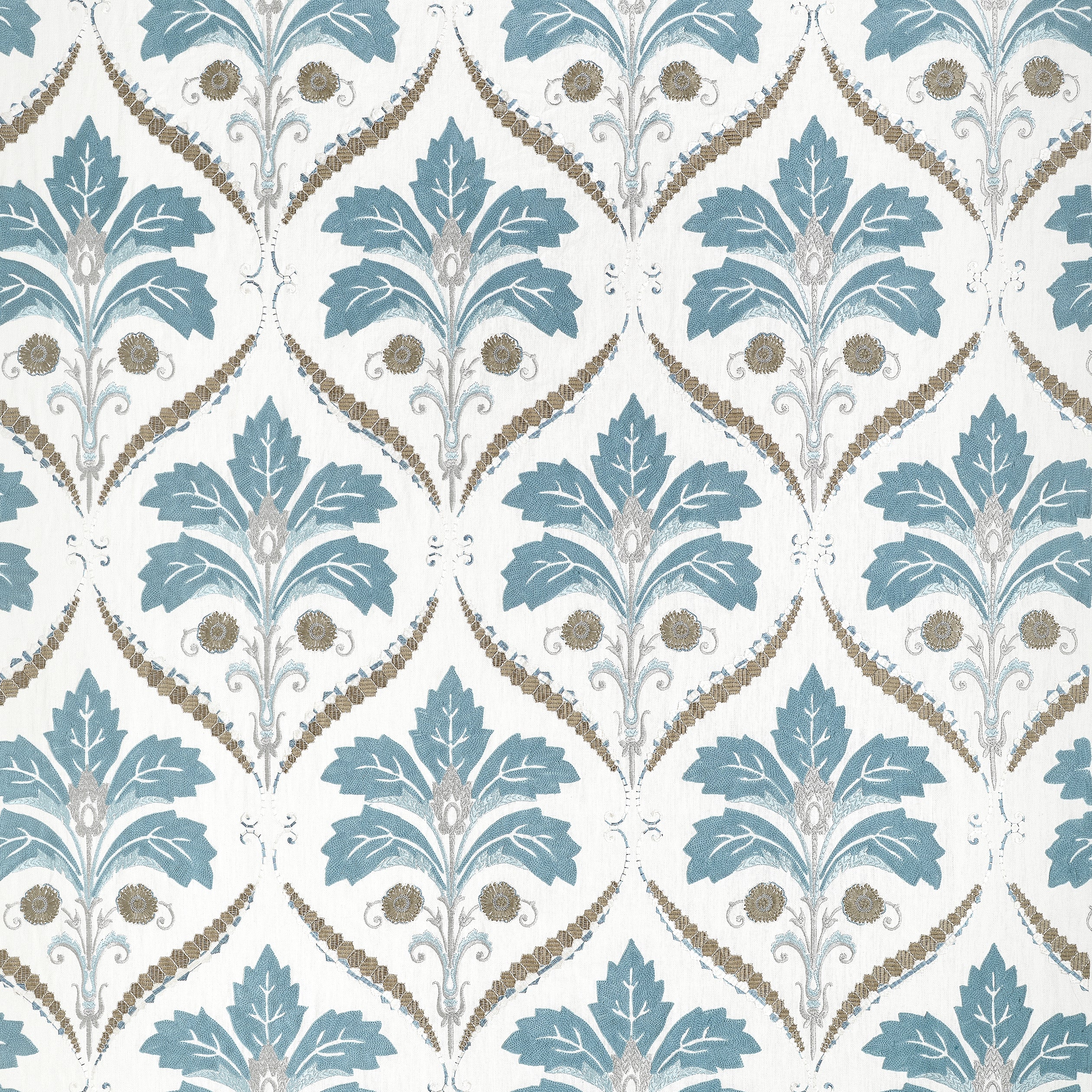Kendall Damask Embroidery fabric in mineral color - pattern number W710509 - by Thibaut in the Boxwood collection