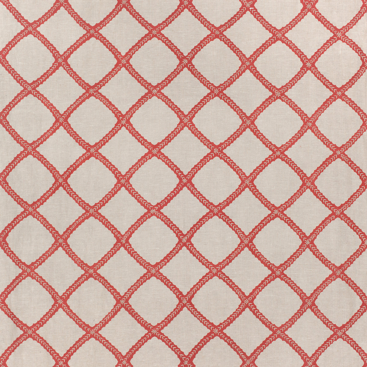 Majuli Embroidery fabric in red on flax color - pattern number W788704 - by Thibaut in the Trade Routes collection